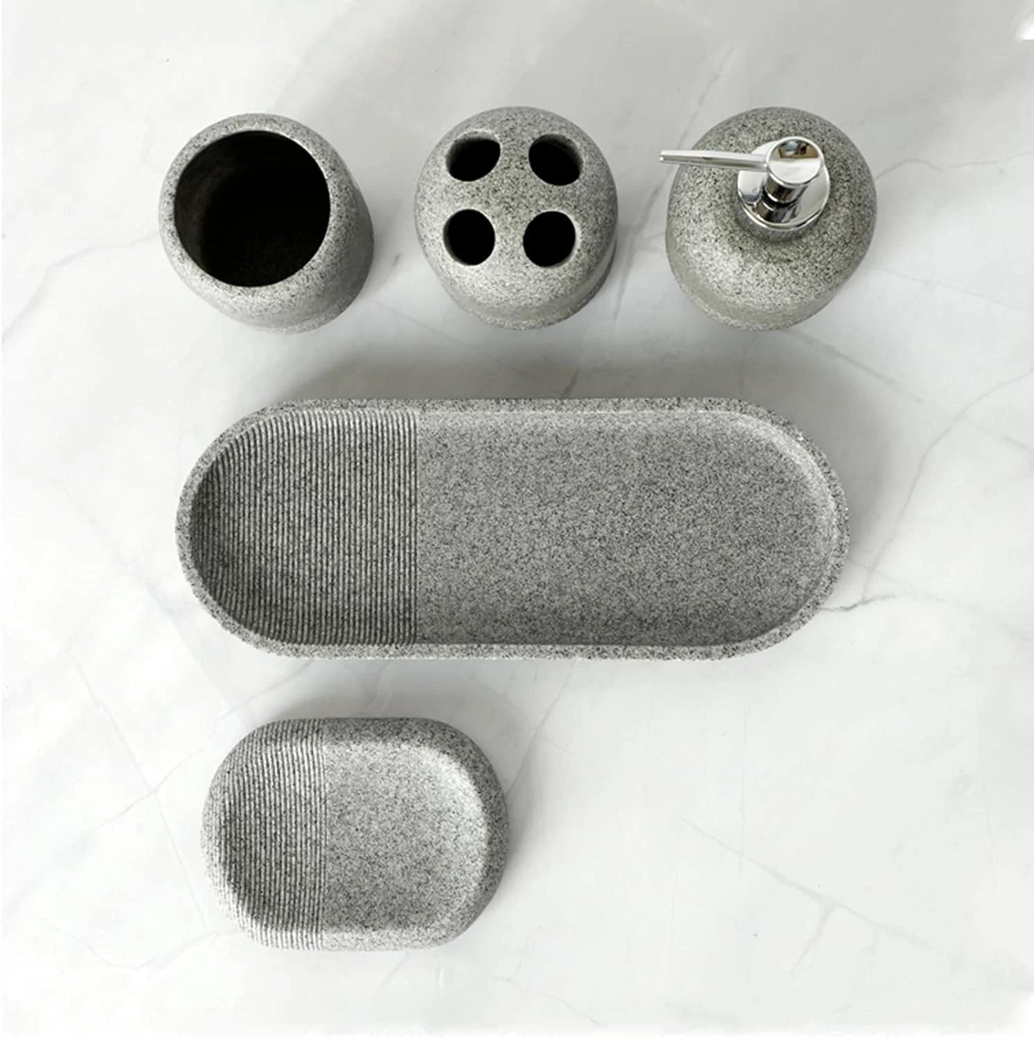 ست لوازم جانبی حمام 5 تکه، ست دکوری حمام، مجموعه رزین پلی با کیفیت بالا با پخش کننده لوسیون/نگهدارنده مسواک/سینی/لیوان ست لوازم جانبی حمام 5 تکه، ست دکوری حمام، مجموعه رزین پلی با کیفیت بالا با پخش کننده لوسیون/نگهدارنده مسواک/سینی/لیوان