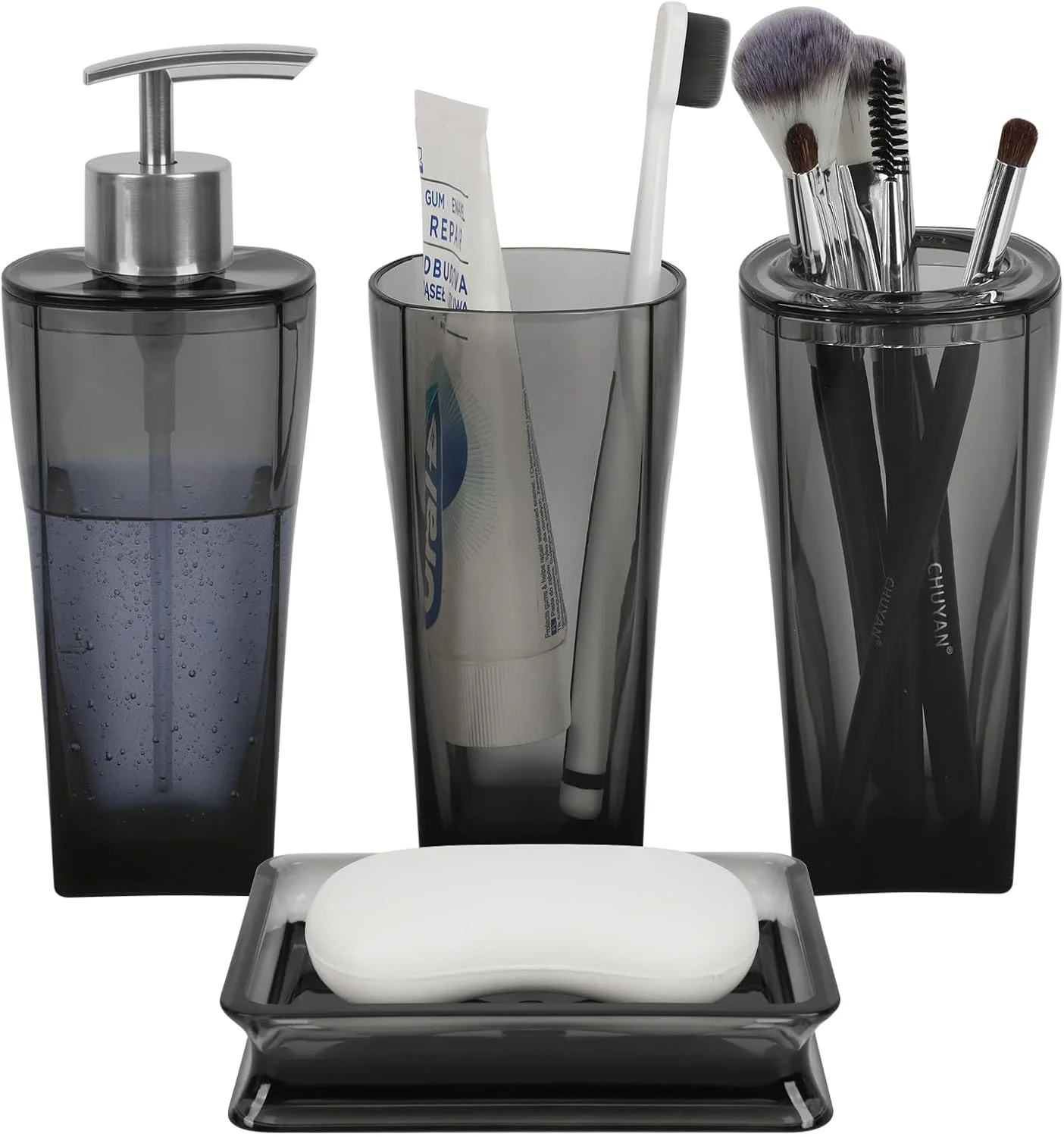 ست لوازم جانبی حمام شیشه ای با وزن سنگین و طرح برجسته تزئینی - شامل جای مایع دستشویی، لیوان، جای صابون و جای مسواک (قهوه ای) ست لوازم جانبی حمام شیشه ای با وزن سنگین و طرح برجسته تزئینی - شامل جای مایع دستشویی، لیوان، جای صابون و جای مسواک (قهوه ای)