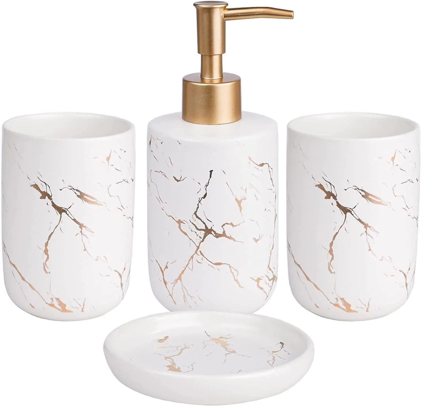 ست لوازم جانبی حمام، 4 تکه کامل سنگ مرمر، دکوراسیون مدرن، سازمان دهنده رومیزی، جا مسواکی، جا مایع لوسیون، جا صابونی، لیوان.