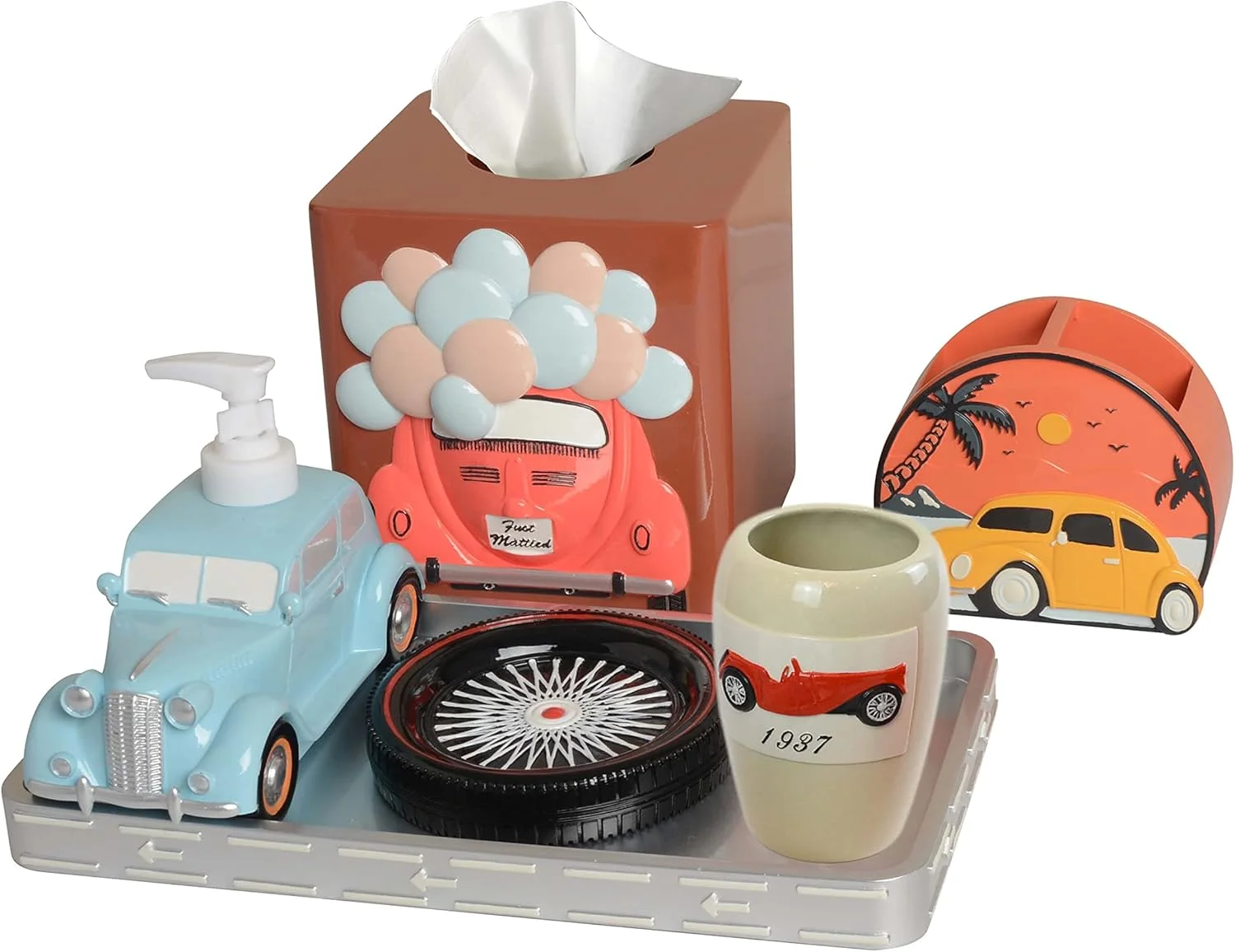 ست لوازم جانبی حمام - 6 تکه شامل جا مایع دستشویی، جا مسواکی، جا صابونی، لیوان، سینی روشویی، جعبه دستمال کاغذی برای کودکان، دکوری مدرن، مناسب برای هدیه خانه نویی - آبی قرمز سفید