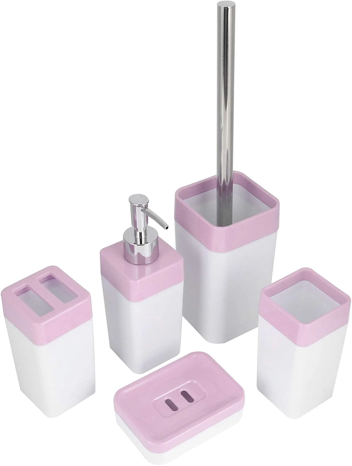 ست لوازم جانبی حمام 5 تکه، استیل ضد زنگ + پلاستیک PS، شامل جا مایع صابون، جا صابونی، جا مسواکی، لیوان شستشو، برس توالت (صورتی) ست لوازم جانبی حمام 5 تکه، استیل ضد زنگ + پلاستیک PS، شامل جا مایع صابون، جا صابونی، جا مسواکی، لیوان شستشو، برس توالت (صورتی)