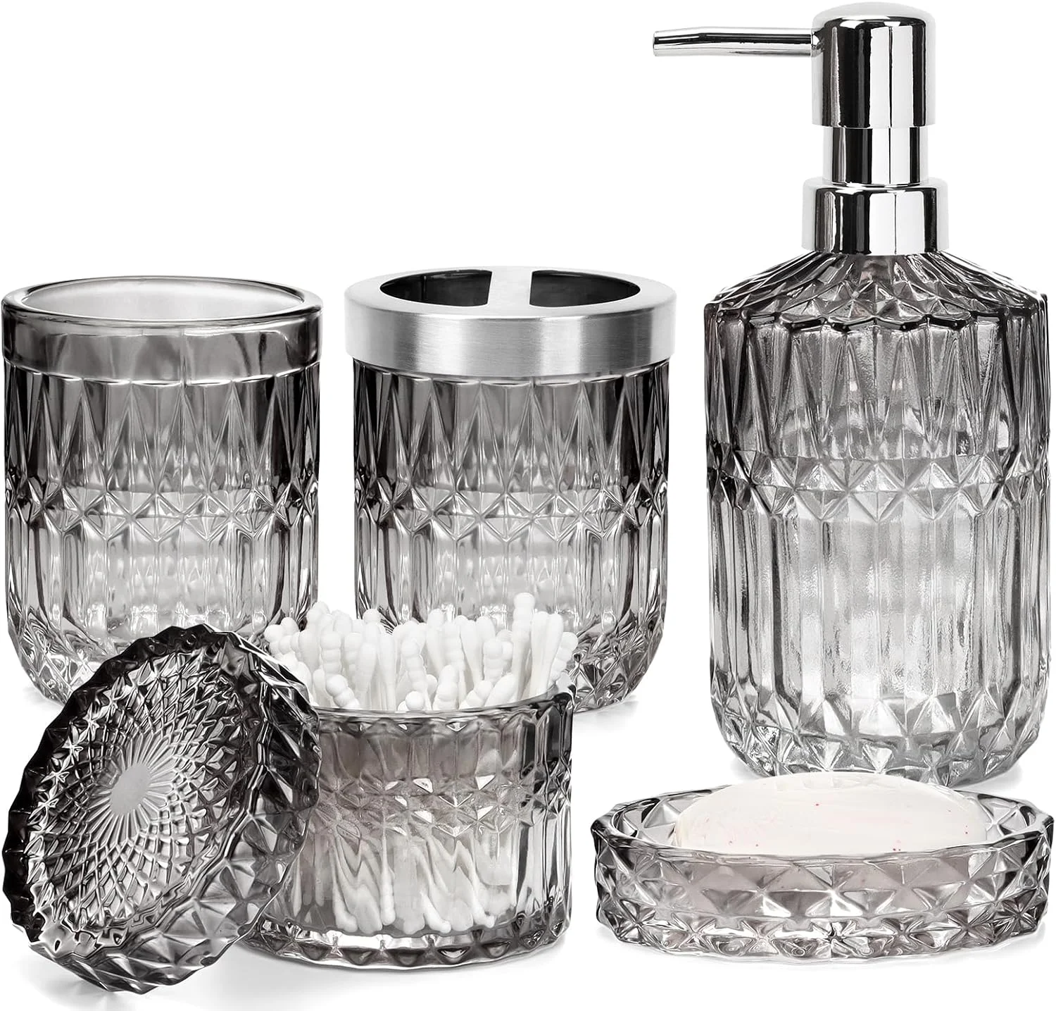 ست لوازم جانبی مشکی حمام، ست 5 تکه شیشه ای طرح الماس شامل جا مایع لوسیون، جا صابونی، جا مسواکی، لیوان، جا پنبه برای دکوراسیون مدرن روی میز حمام (مشکی) ست لوازم جانبی مشکی حمام، ست 5 تکه شیشه ای طرح الماس شامل جا مایع لوسیون، جا صابونی، جا مسواکی، لیوان، جا پنبه برای دکوراسیون مدرن روی میز حمام (مشکی)