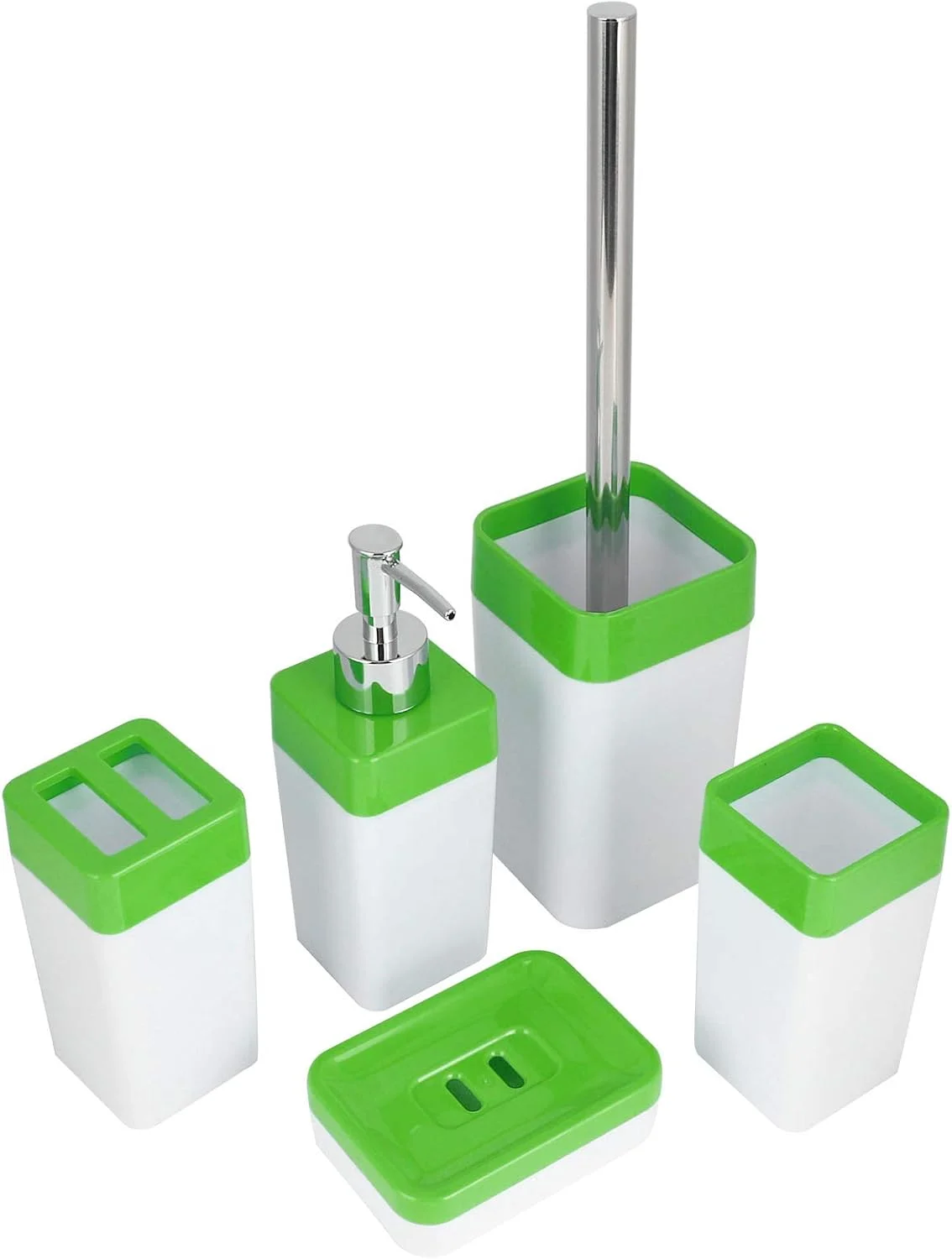 ست لوازم جانبی حمام 5 تکه، استیل ضد زنگ + پلاستیک PS، شامل جا مایع صابون، جا صابونی، جا مسواکی، لیوان شستشو، برس توالت (سبز) ست لوازم جانبی حمام 5 تکه، استیل ضد زنگ + پلاستیک PS، شامل جا مایع صابون، جا صابونی، جا مسواکی، لیوان شستشو، برس توالت (سبز)