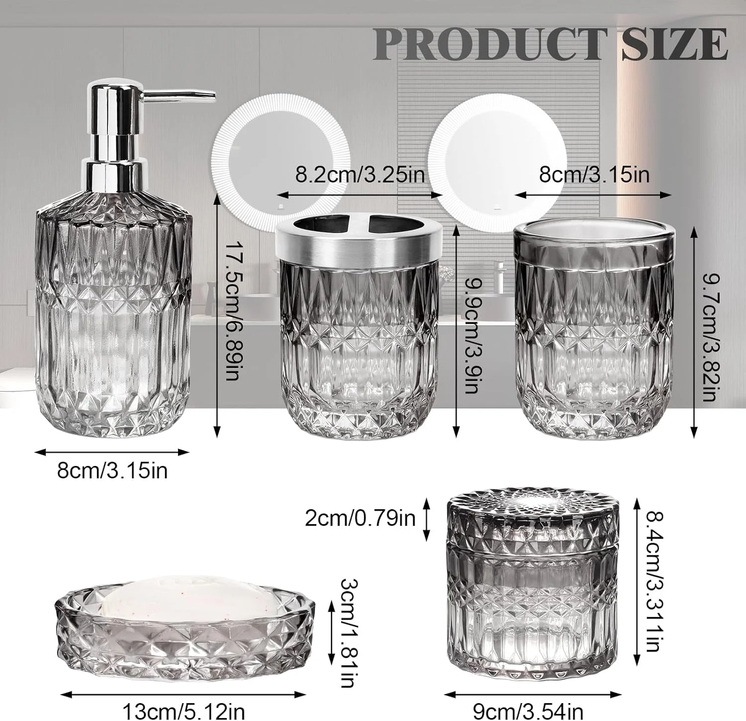 ست لوازم جانبی شیشه ای 5 تکه برای حمام، شامل جا مسواکی شیک مشکی و شفاف با لیوان، جای صابون و جا پنبه ای - ست مدرن حمام با طراحی زیبا برای فضای منظم