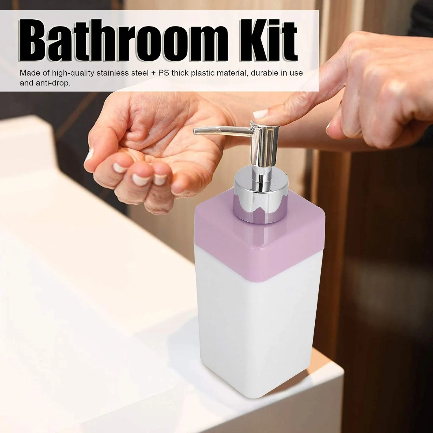 ست لوازم جانبی حمام 5 تکه، استیل ضد زنگ + پلاستیک PS، شامل جا مایع صابون، جا صابونی، جا مسواکی، لیوان شستشو، برس توالت (صورتی)