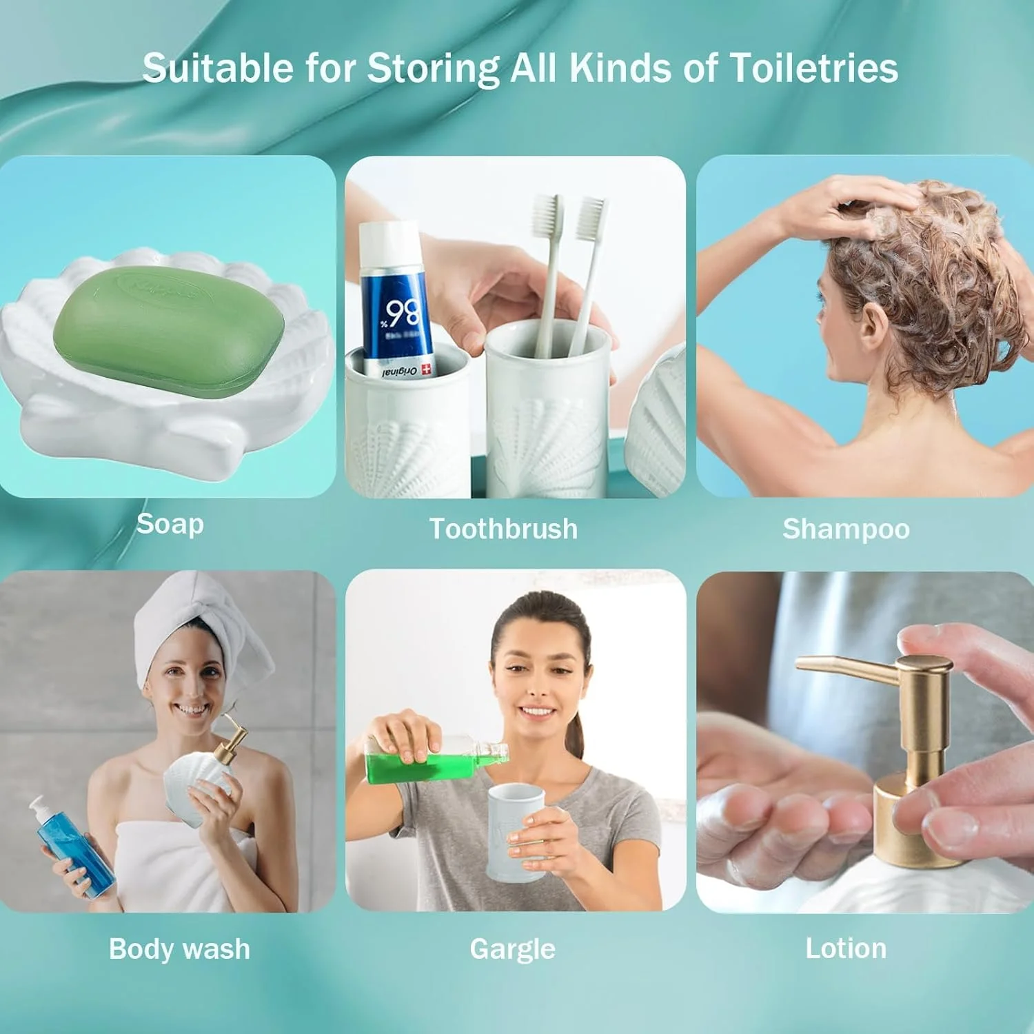 ست لوازم جانبی حمام، ست های رومیزی سرامیکی حمام، ست های صدف دریایی، شامل جا مایع صابون، جا صابونی و 2 لیوان شستشو، کیت خلاقانه حمام برای هتل خانه دفتر کار (صدف)