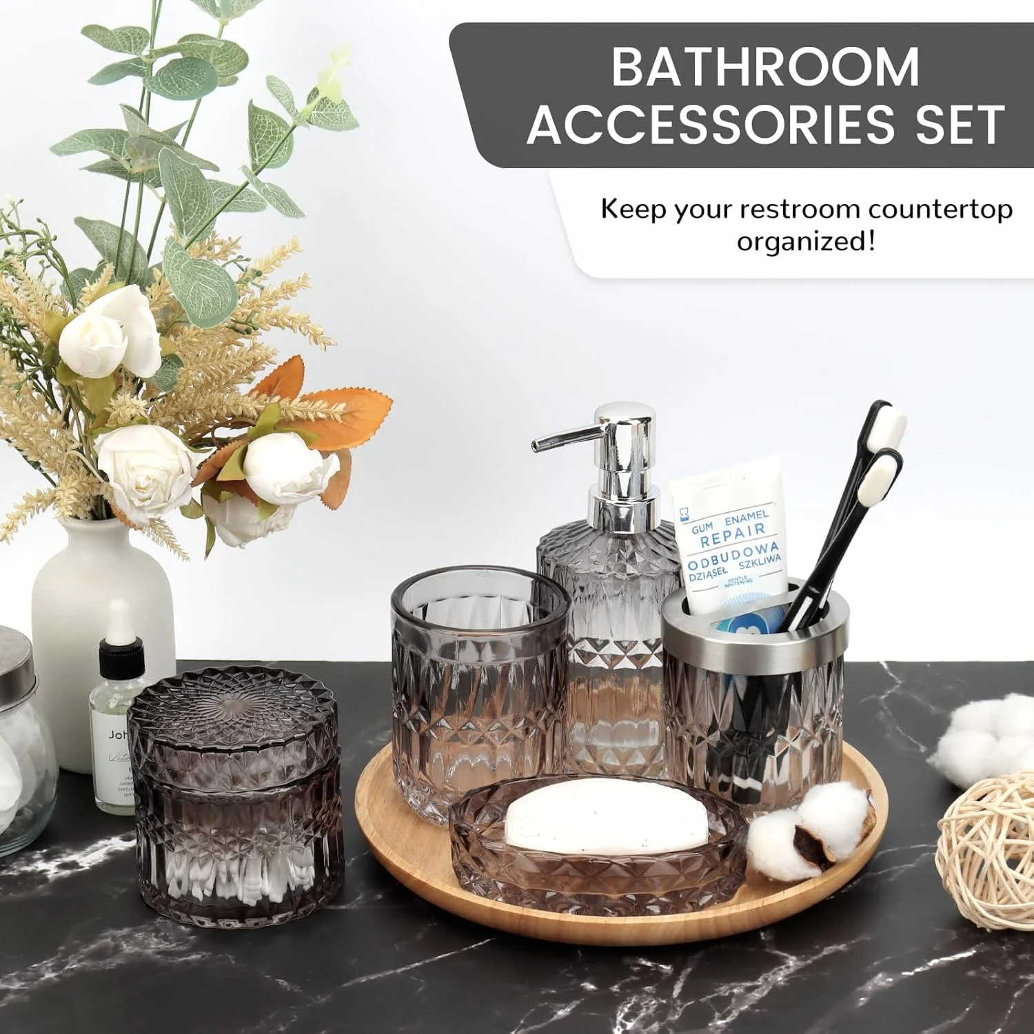 ست لوازم جانبی مشکی حمام، ست 5 تکه شیشه ای طرح الماس شامل جا مایع لوسیون، جا صابونی، جا مسواکی، لیوان، جا پنبه برای دکوراسیون مدرن روی میز حمام (مشکی)