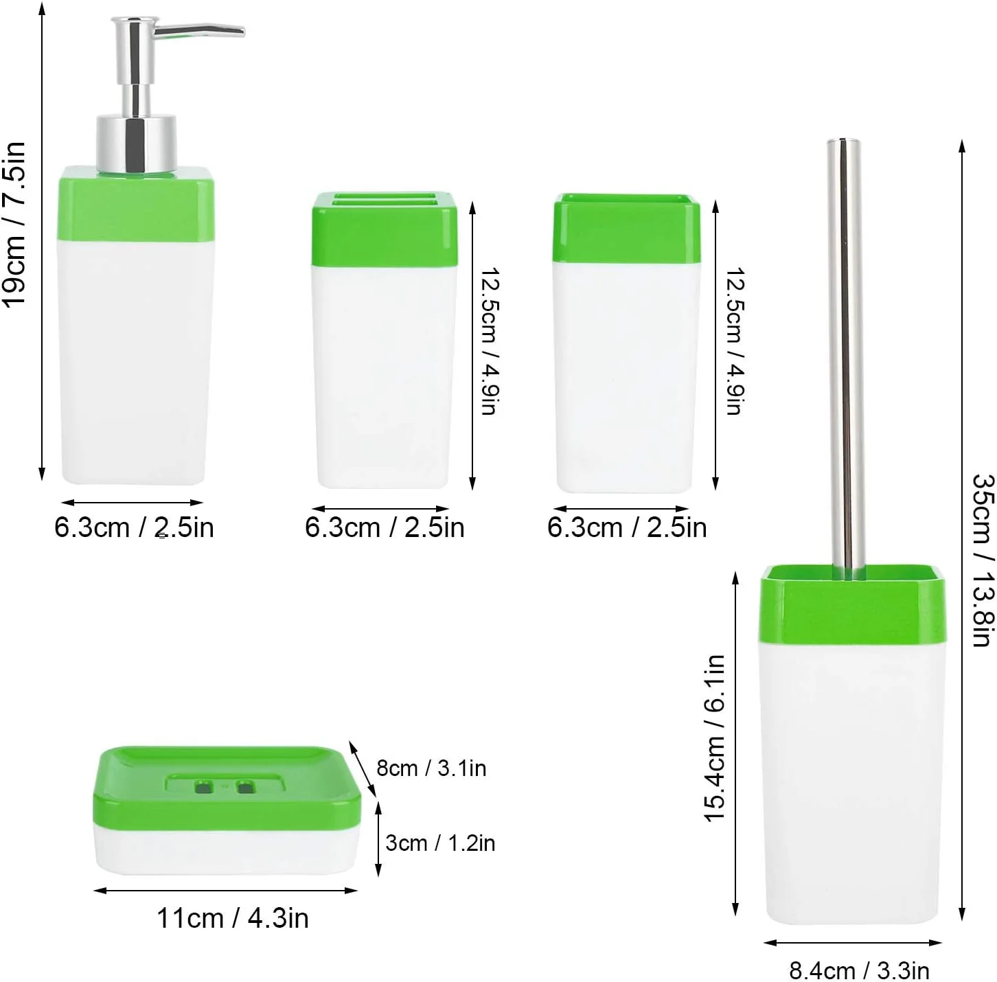 ست لوازم جانبی حمام 5 تکه، استیل ضد زنگ + پلاستیک PS، شامل جا مایع صابون، جا صابونی، جا مسواکی، لیوان شستشو، برس توالت (سبز)