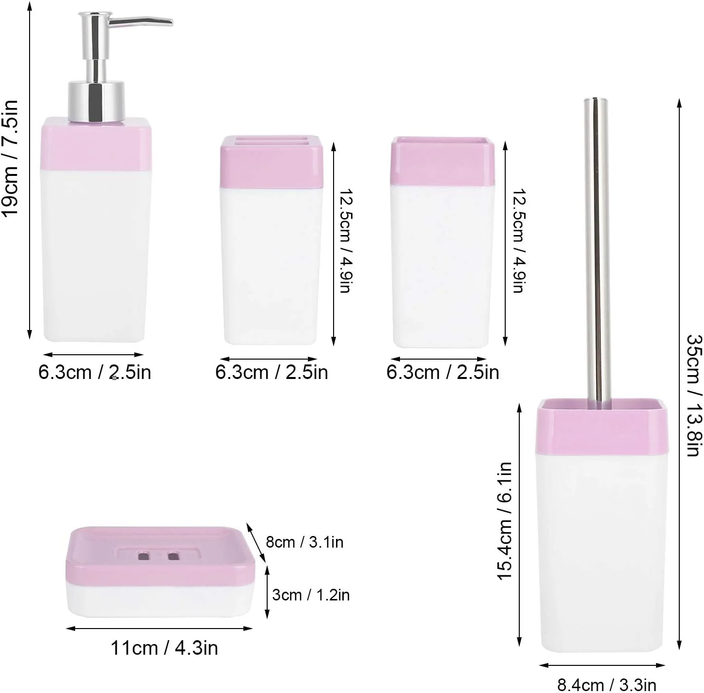ست لوازم جانبی حمام 5 تکه، استیل ضد زنگ + پلاستیک PS، شامل جا مایع صابون، جا صابونی، جا مسواکی، لیوان شستشو، برس توالت (صورتی)