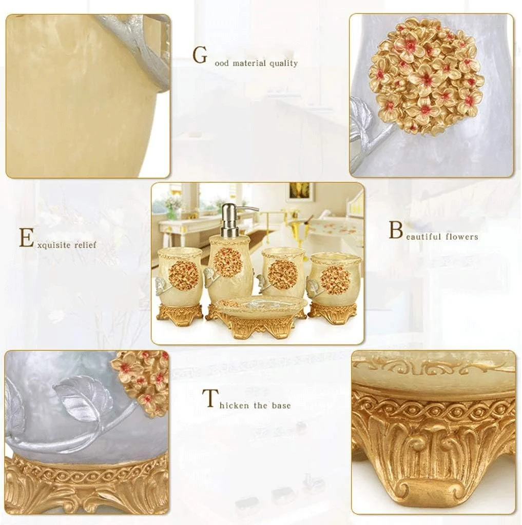 ست لوازم جانبی با کیفیت برای حمام، ست لوازم جانبی رزینی با طرح برجسته سه بعدی به سبک اروپایی، شامل جای مایع دستشویی، جا مسواکی، ست شستشو، لوازم حمام مناسب منزل و هتل (رنگ: طلایی، سایز: A)