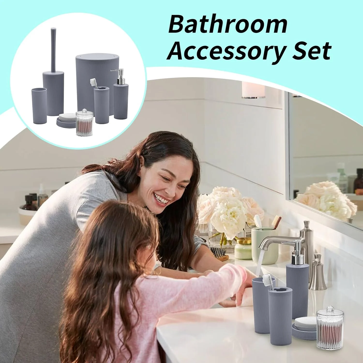 ست لوازم جانبی سرویس بهداشتی، برس توالت، جا صابونی، سطل زباله - صرفه جویی در فضای حمام، مناسب منزل، هتل، مسافرت، فضای باز و سرپوشیده