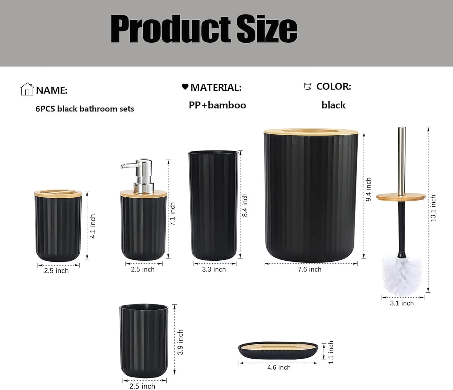ست لوازم جانبی حمام 6 تکه، برس توالت، جا مایع صابون، جا مسواکی، لیوان، جا صابونی، سطل زباله (مشکی گرد)