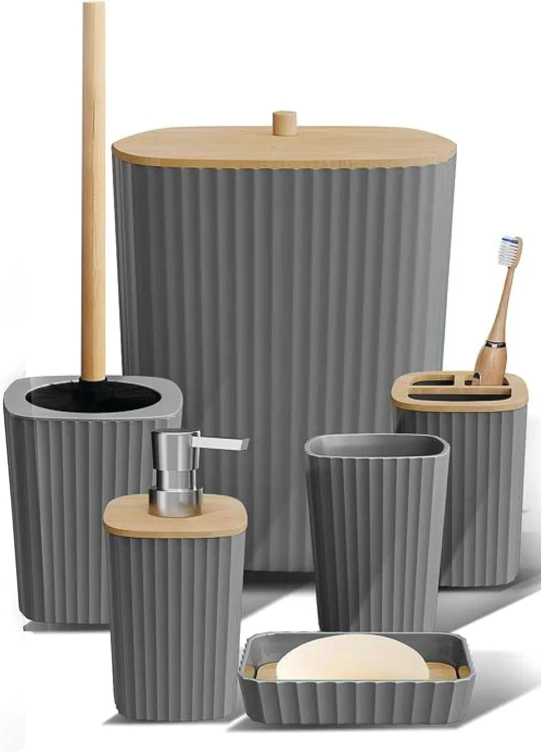 ست لوازم جانبی حمام 6 تکه، برس توالت، جا مایع صابون، جا مسواکی، لیوان، جا صابونی، سطل زباله (خاکستری مربع)