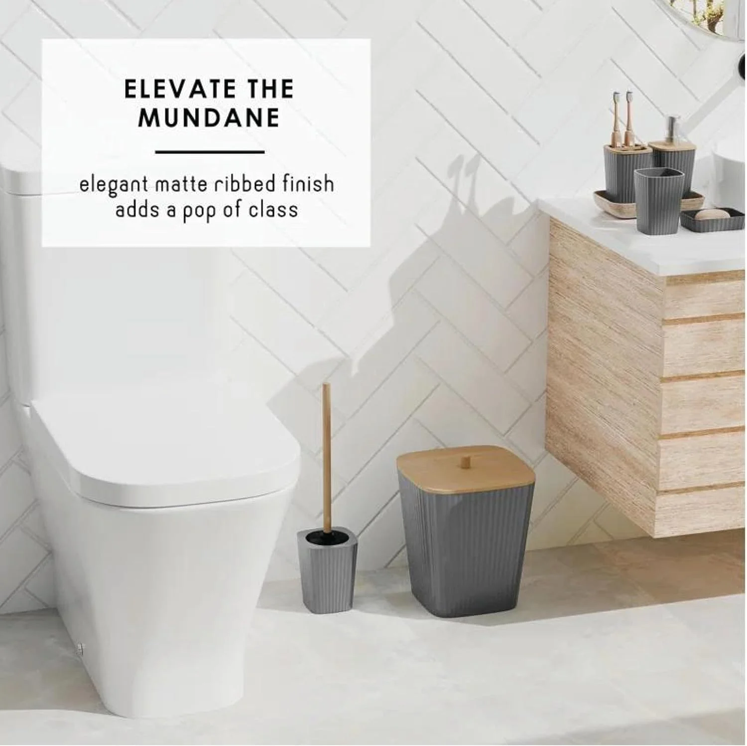 ست لوازم جانبی حمام 6 تکه، برس توالت، جا مایع صابون، جا مسواکی، لیوان، جا صابونی، سطل زباله (خاکستری مربع)