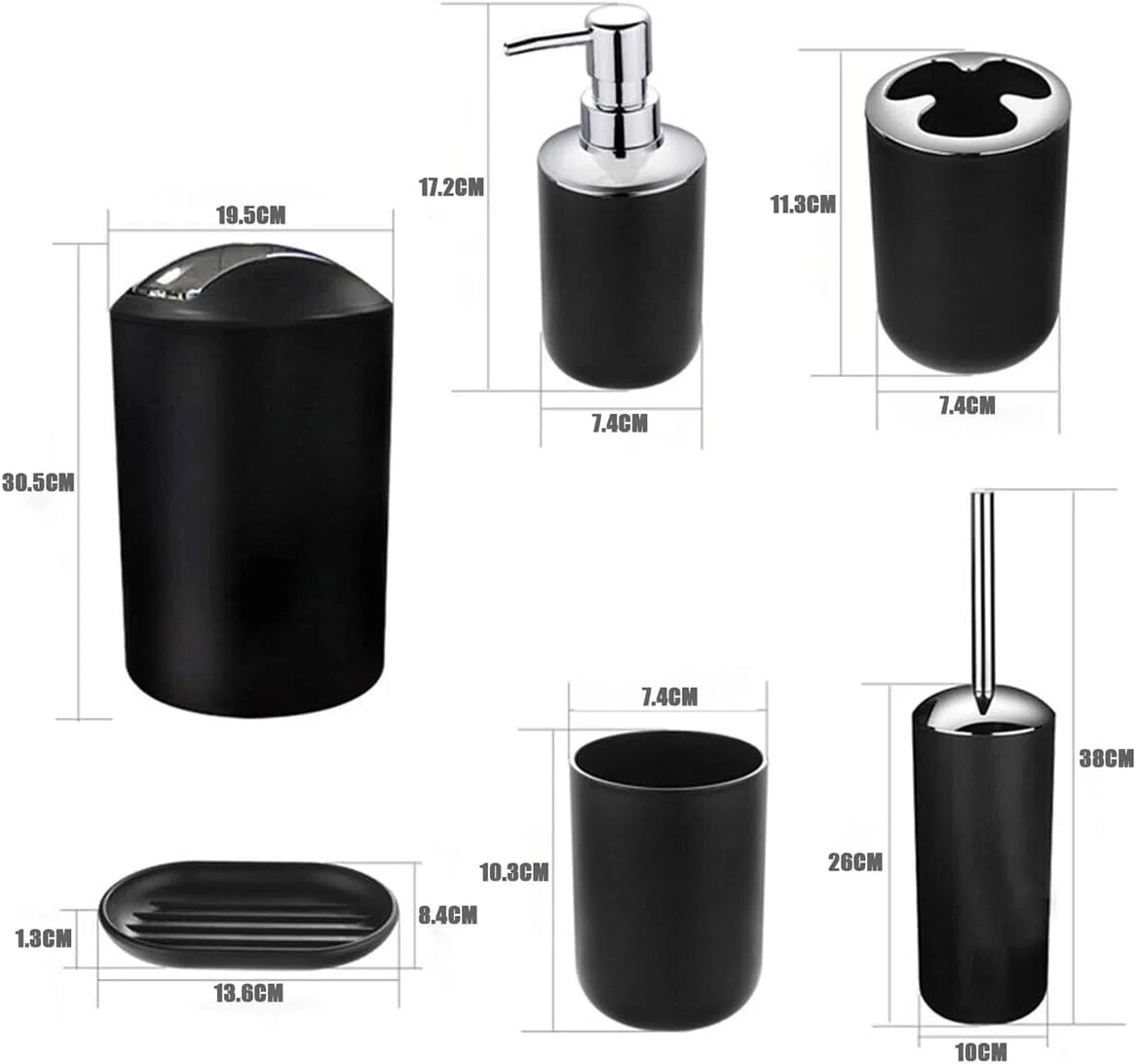 ست لوازم جانبی حمام، ست 6 تکه پلاستیکی لوازم جانبی حمام، لوازم بهداشتی حمام، برس توالت، جا مایع صابون، جا مسواکی، لیوان، جا صابونی، سطل زباله (مشکی)