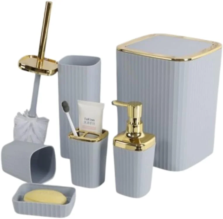 ست لوازم جانبی حمام 7 تکه، برس توالت و جا برسی، جا مسواکی، جا مایع صابون، جا صابونی، سطل زباله (خاکستری با جزئیات طلایی)
