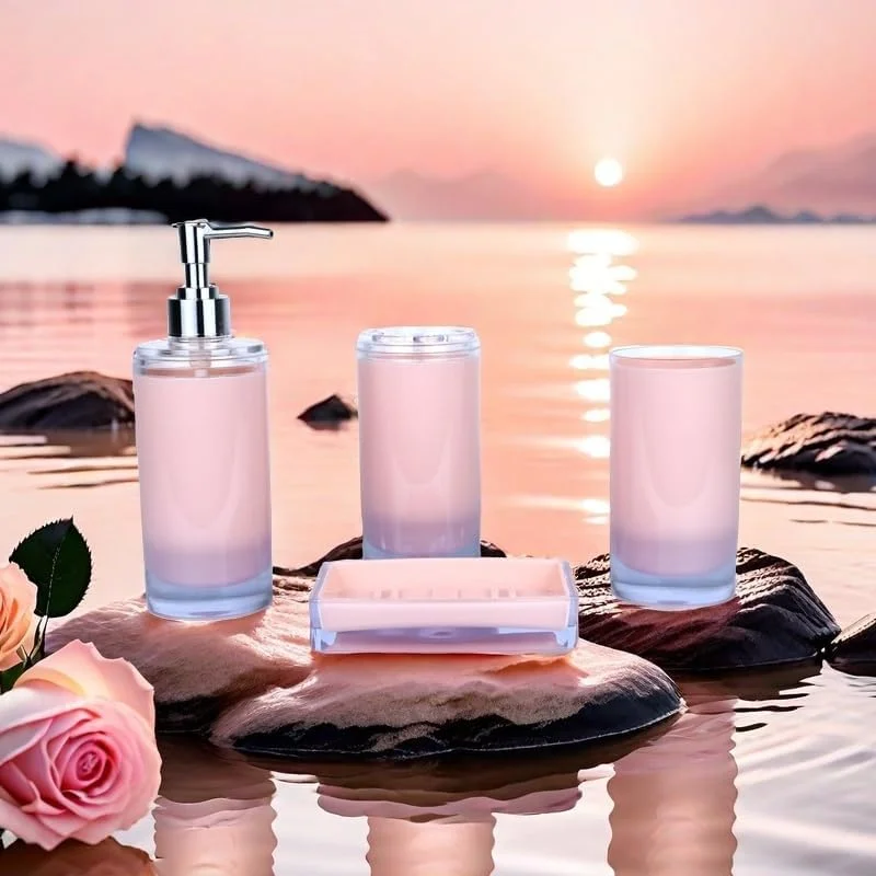 لوازم جانبی حمام، لیوان پلاستیکی آکریلیک ضخیم، جا مسواکی، جا مایع صابون، جای صابون، ست چهار تکه لوازم حمام، مدل استوانه ای ساده (صورتی)