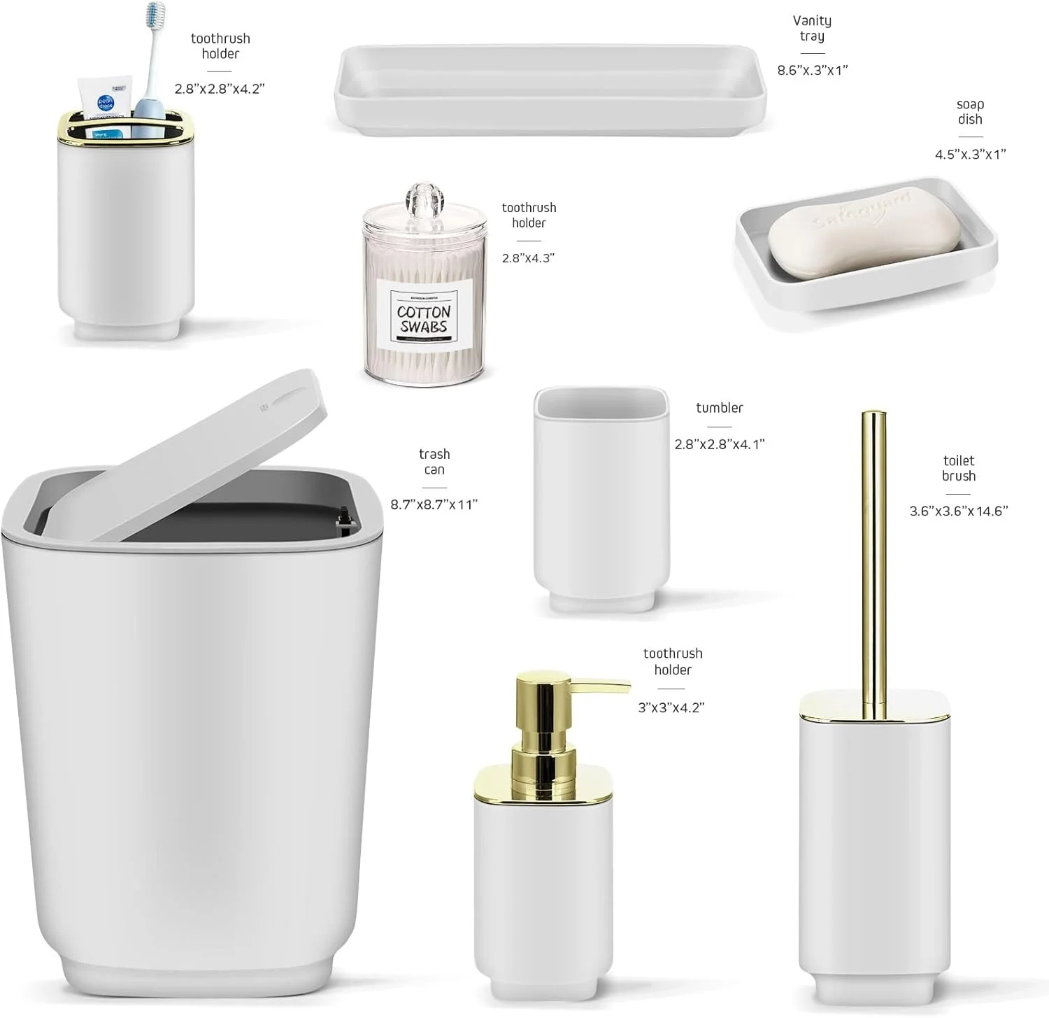 ست لوازم جانبی حمام سفید رنگ ایماوو، ست هدیه لوازم جانبی حمام 11 تکه، سینی، سطل زباله، جا مسواکی، لیوان مسواک، جا مایع صابون، جا صابونی، برس توالت و جا پنبه ای ست لوازم جانبی حمام سفید رنگ ایماوو، ست هدیه لوازم جانبی حمام 11 تکه، سینی، سطل زباله، جا مسواکی، لیوان مسواک، جا مایع صابون، جا صابونی، برس توالت و جا پنبه ای