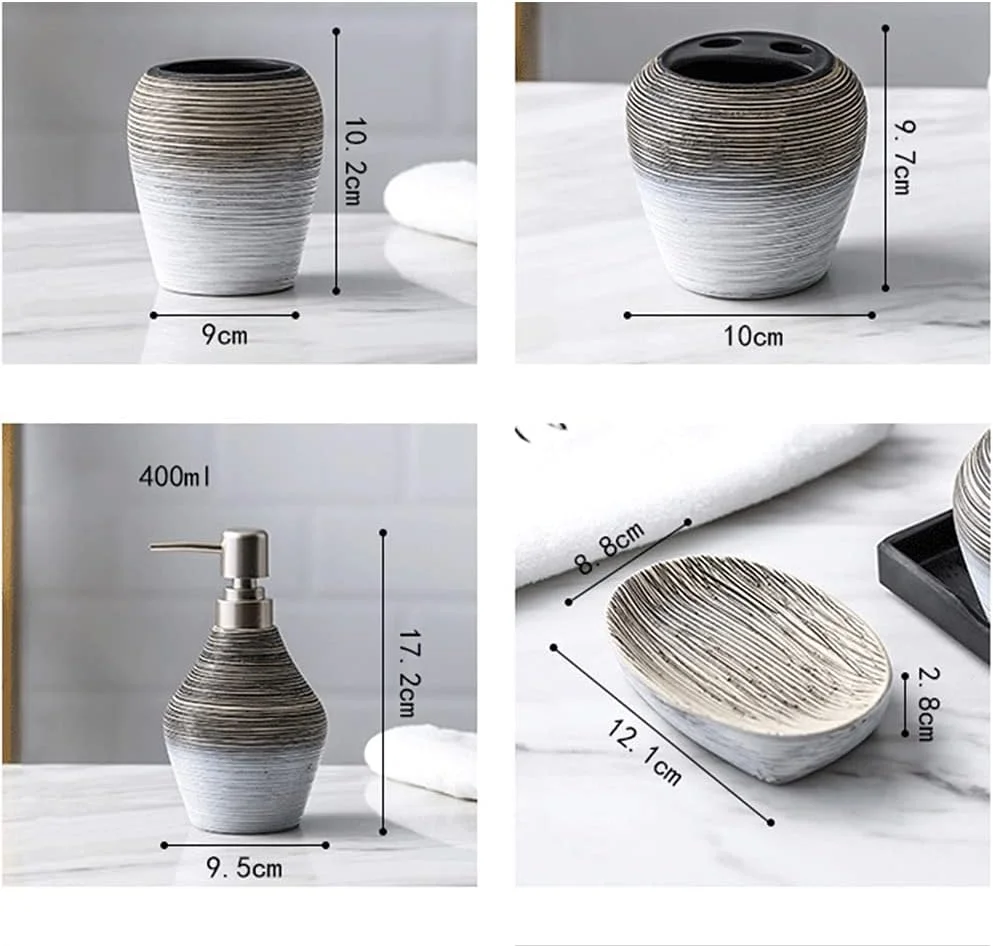 ست لوازم جانبی حمام 5 تکه سرامیکی برس خورده دست ساز با جا مسواکی، جا مایع صابون، بطری لوسیون و لیوان دهانشویه ست لوازم جانبی حمام 5 تکه سرامیکی برس خورده دست ساز با جا مسواکی، جا مایع صابون، بطری لوسیون و لیوان دهانشویه