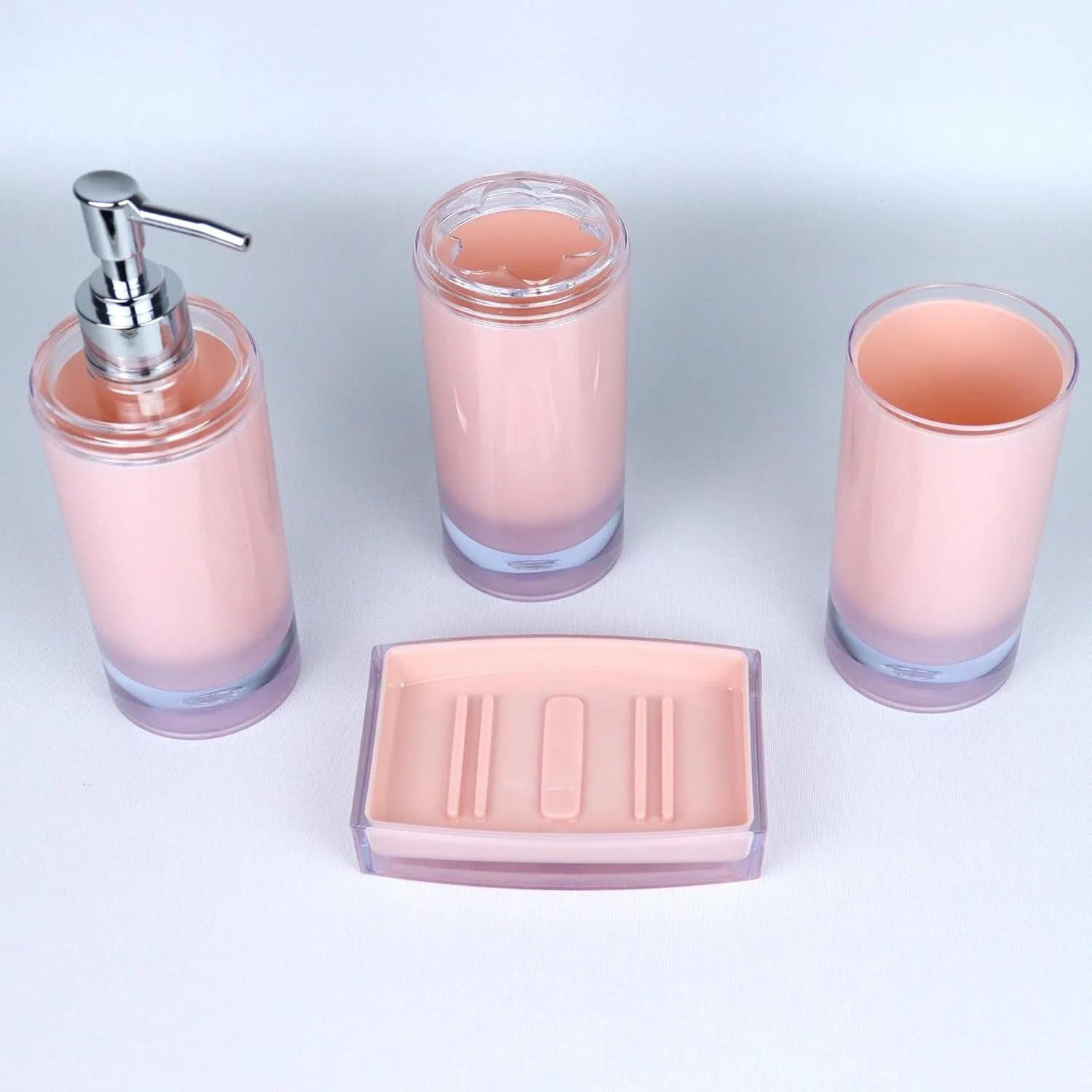 لوازم جانبی حمام، لیوان پلاستیکی آکریلیک ضخیم، جا مسواکی، جا مایع صابون، جای صابون، ست چهار تکه لوازم حمام، مدل استوانه ای ساده (صورتی)