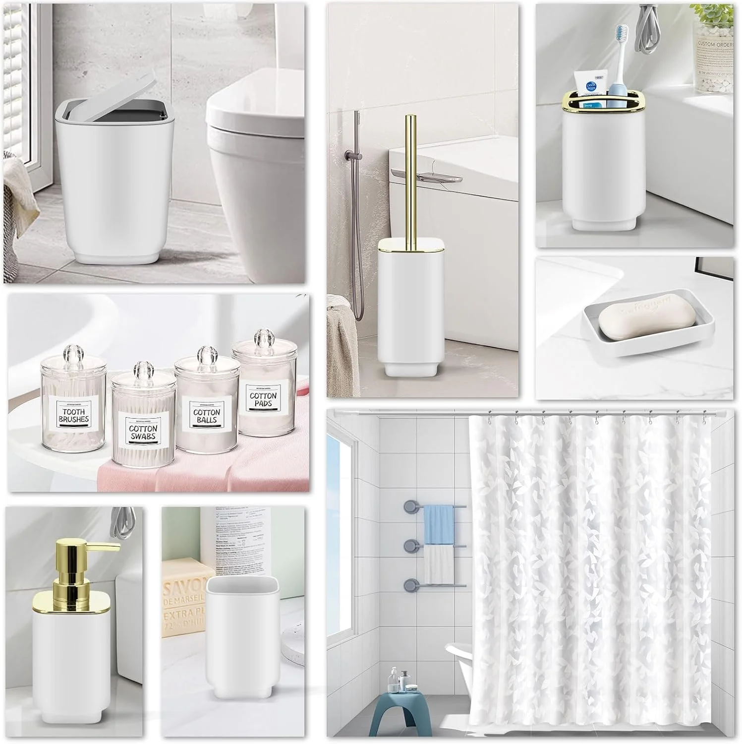 ست لوازم جانبی حمام سفید رنگ ایماوو، ست هدیه لوازم جانبی حمام 11 تکه، سینی، سطل زباله، جا مسواکی، لیوان مسواک، جا مایع صابون، جا صابونی، برس توالت و جا پنبه ای ست لوازم جانبی حمام سفید رنگ ایماوو، ست هدیه لوازم جانبی حمام 11 تکه، سینی، سطل زباله، جا مسواکی، لیوان مسواک، جا مایع صابون، جا صابونی، برس توالت و جا پنبه ای