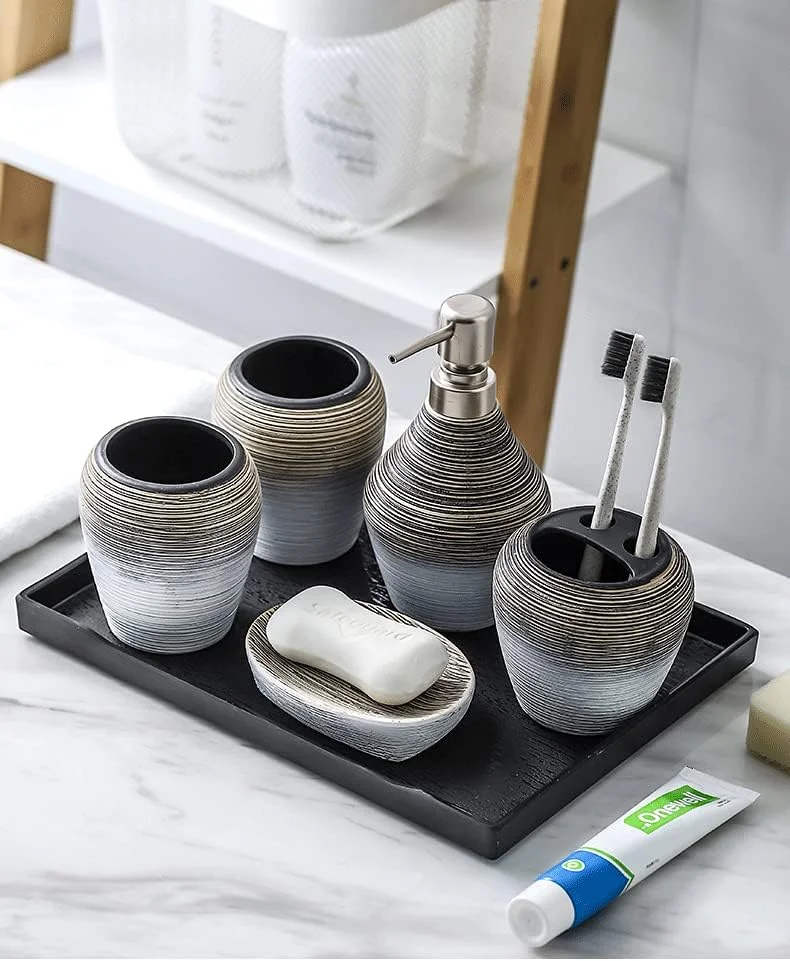 ست لوازم جانبی حمام 5 تکه سرامیکی برس خورده دست ساز با جا مسواکی، جا مایع صابون، بطری لوسیون و لیوان دهانشویه ست لوازم جانبی حمام 5 تکه سرامیکی برس خورده دست ساز با جا مسواکی، جا مایع صابون، بطری لوسیون و لیوان دهانشویه