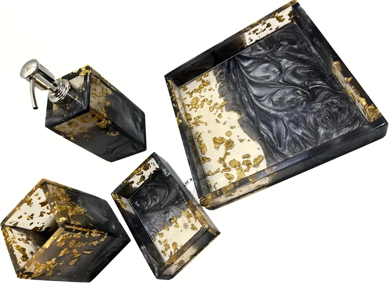 ست لوازم جانبی حمام، جا مسواکی، دکوراسیون خانه روستایی، 4 تکه رزین با کیفیت بالا شامل لیوان و جا صابونی/جا مسواکی (مشکی)