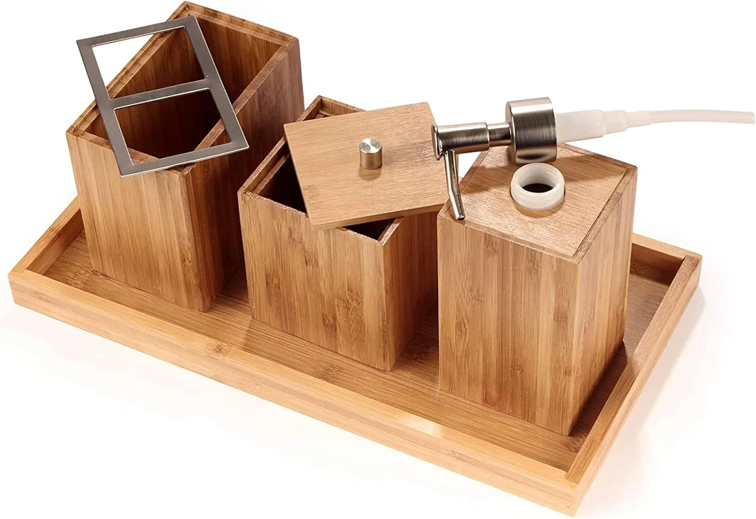 ست لوازم جانبی چوبی حمام 5 تکه، لوازم تزئینی حمام با جای صابون، جا مسواک/خمیر دندان، جا مایع صابون، سینی حوله، سطل زباله