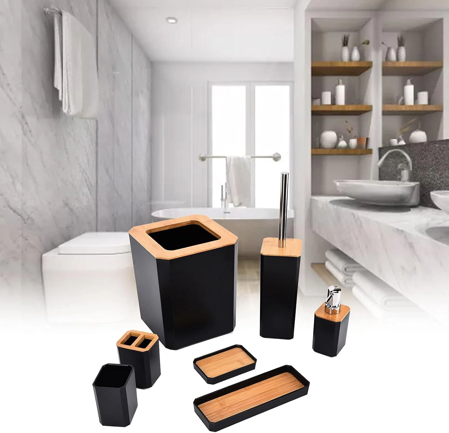 ست لوازم جانبی حمام 7 تکه شامل جای صابون، جای مسواک، بطری شستشو، فنجان دهانشویه مناسب برای هتل منزل (مشکی)
