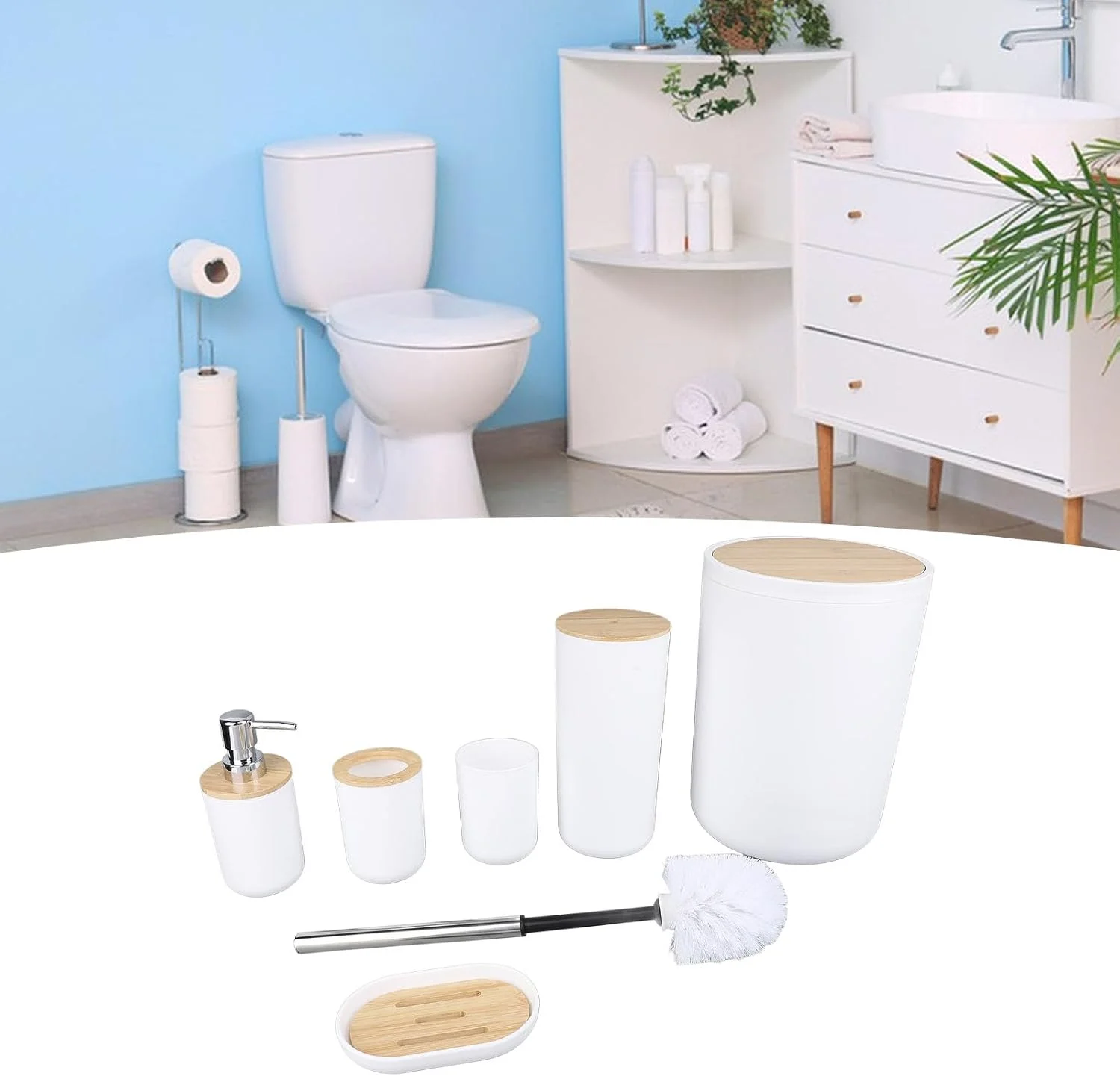 ست لوازم جانبی حمام 6 تکه، جا صابونی، جا مسواکی، جا برس توالت با طراحی کاربردی برای نگهداری و سازماندهی اتاق شستشو منزل ست لوازم جانبی حمام 6 تکه، جا صابونی، جا مسواکی، جا برس توالت با طراحی کاربردی برای نگهداری و سازماندهی اتاق شستشو منزل