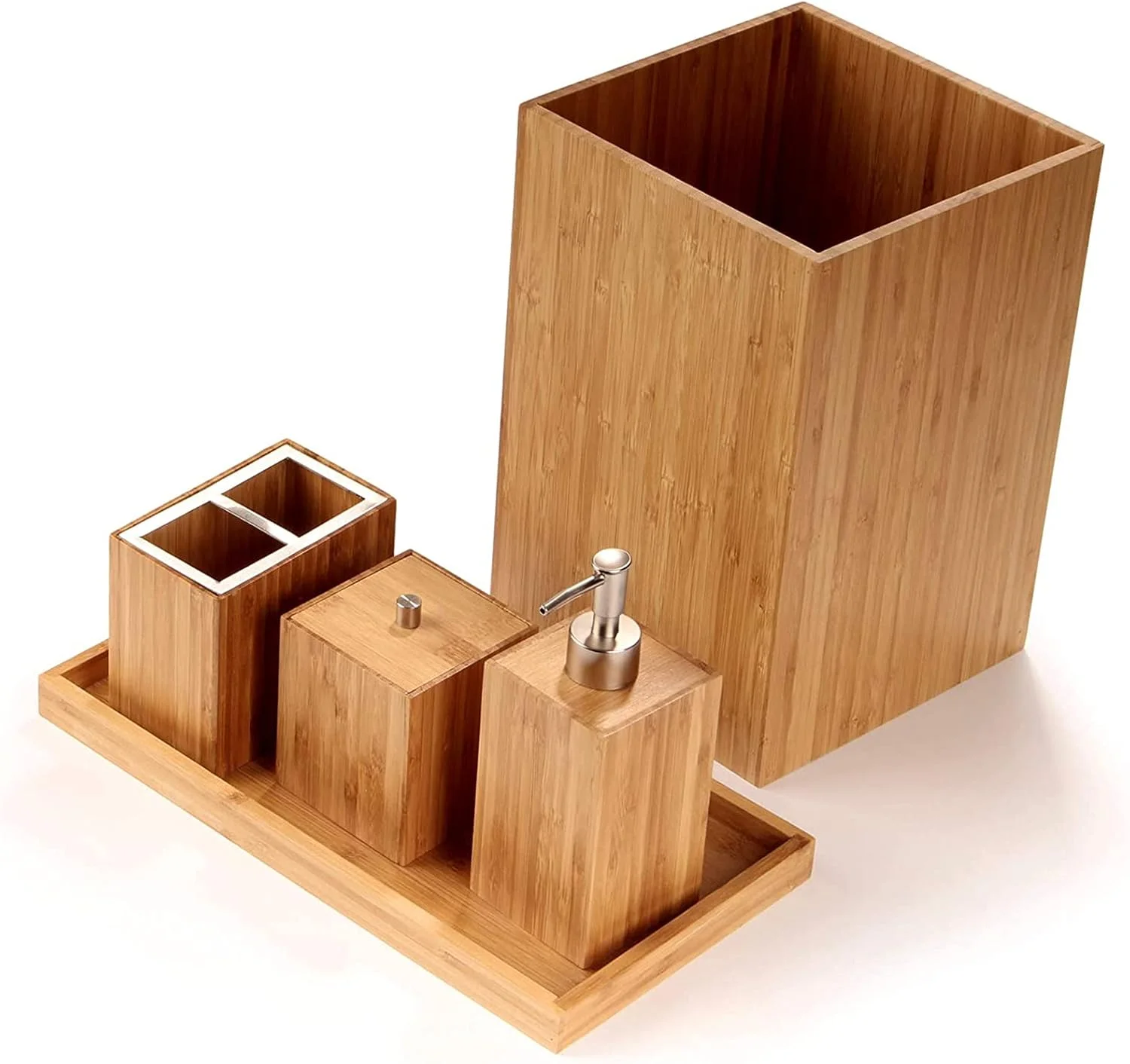 ست 5 تکه لوازم جانبی چوبی حمام، ست حمام بامبو با جا مسواک/خمیر دندان، جا مایع صابون، سینی حوله، جعبه گوش پاک کن، سطل زباله ست 5 تکه لوازم جانبی چوبی حمام، ست حمام بامبو با جا مسواک/خمیر دندان، جا مایع صابون، سینی حوله، جعبه گوش پاک کن، سطل زباله