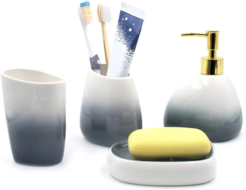 ست لوازم جانبی سرامیکی حمام 4 تکه برای صابون مایع یا لوسیون، جا صابونی، جا مسواکی، لیوان، سازمان دهنده مدرن روشویی بدون خط و خش، بدون زنگ زدگی ست لوازم جانبی سرامیکی حمام 4 تکه برای صابون مایع یا لوسیون، جا صابونی، جا مسواکی، لیوان، سازمان دهنده مدرن روشویی بدون خط و خش، بدون زنگ زدگی