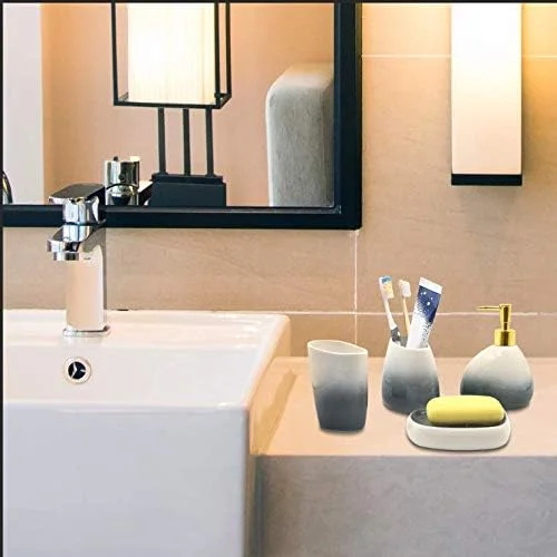 ست لوازم جانبی سرامیکی حمام 4 تکه برای صابون مایع یا لوسیون، جا صابونی، جا مسواکی، لیوان، سازمان دهنده مدرن روشویی بدون خط و خش، بدون زنگ زدگی ست لوازم جانبی سرامیکی حمام 4 تکه برای صابون مایع یا لوسیون، جا صابونی، جا مسواکی، لیوان، سازمان دهنده مدرن روشویی بدون خط و خش، بدون زنگ زدگی