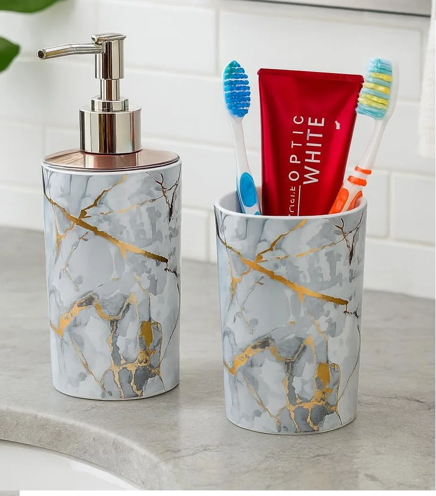 ست لوازم جانبی حمام LAGET® برای کاربرد و دکور حمام | پمپ پخش کننده مایع دستشویی برای حمام، آشپزخانه، روشویی، سینک (رعد سفید) ست لوازم جانبی حمام LAGET® برای کاربرد و دکور حمام | پمپ پخش کننده مایع دستشویی برای حمام، آشپزخانه، روشویی، سینک (رعد سفید)