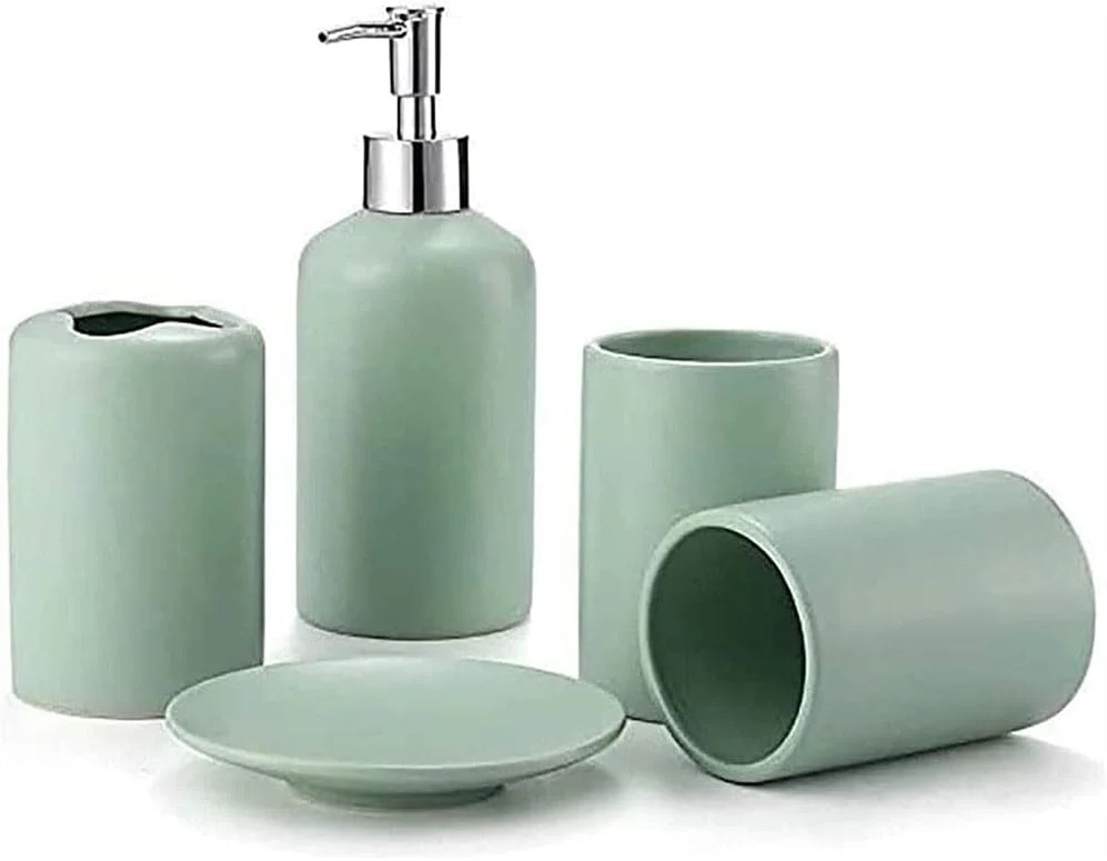 ست لوازم جانبی حمام 5 تکه سرامیکی شامل بطری لوسیون، جا مسواکی، لیوان مسواک و جا صابونی ست لوازم جانبی حمام 5 تکه سرامیکی شامل بطری لوسیون، جا مسواکی، لیوان مسواک و جا صابونی