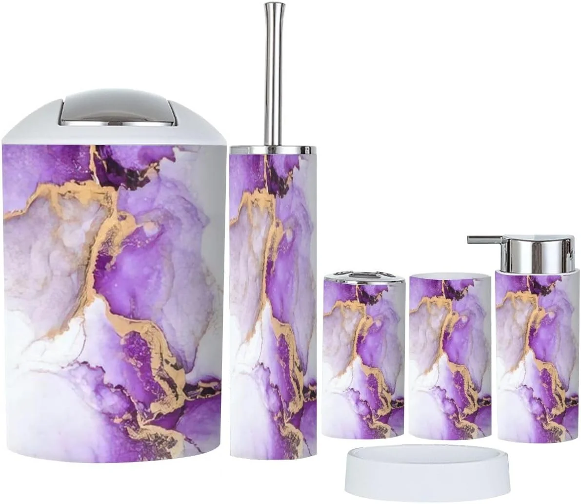 ست لوازم جانبی حمام 6 تکه طرح مرمر انتزاعی طلایی بنفش، شامل جا مسواکی، لیوان مسواک، جا مایع صابون، جا صابونی، جا برس توالت و سطل زباله ست لوازم جانبی حمام 6 تکه طرح مرمر انتزاعی طلایی بنفش، شامل جا مسواکی، لیوان مسواک، جا مایع صابون، جا صابونی، جا برس توالت و سطل زباله