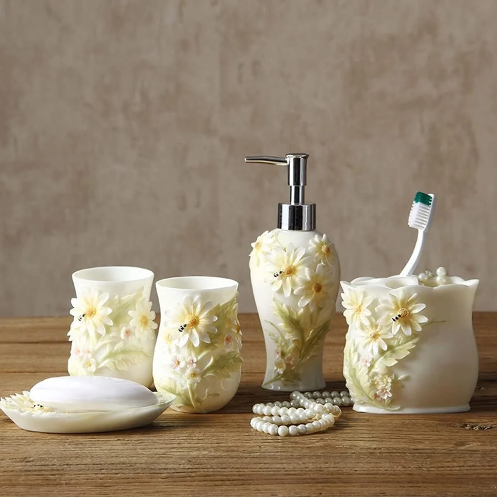 ست لوازم جانبی حمام، ست حمام رزینی، ست 5 تکه حمام با جا مایع صابون، جا مسواکی، لیوان و جا صابونی (رنگ: سفید، سایز: ست 5 تکه) ست لوازم جانبی حمام، ست حمام رزینی، ست 5 تکه حمام با جا مایع صابون، جا مسواکی، لیوان و جا صابونی (رنگ: سفید، سایز: ست 5 تکه)