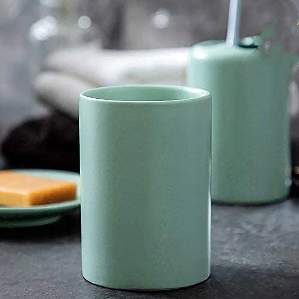 ست لوازم جانبی حمام 5 تکه سرامیکی شامل بطری لوسیون، جا مسواکی، لیوان مسواک و جا صابونی