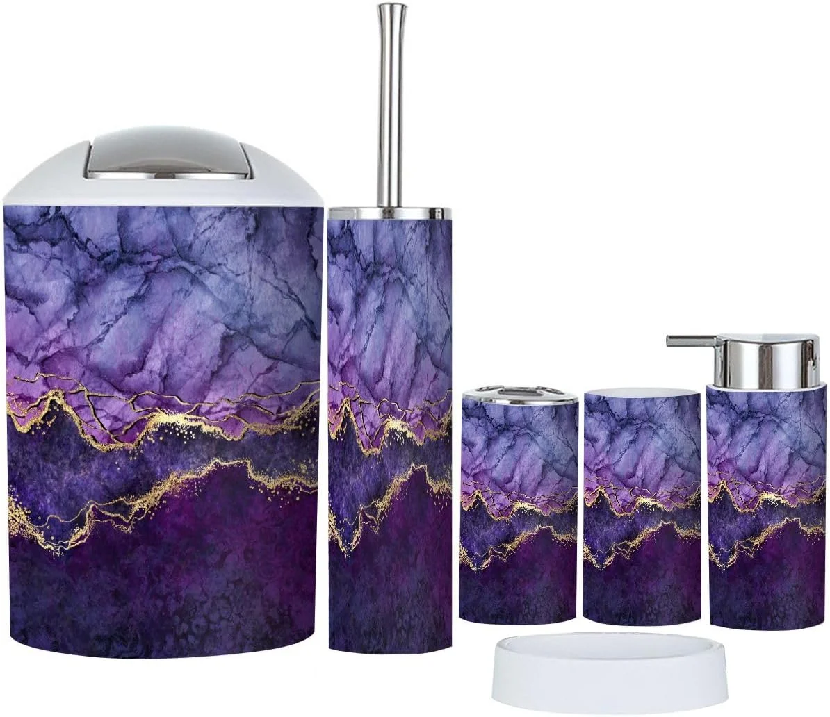 ست لوازم جانبی حمام 6 تکه طرح بوهمی، مرمر انتزاعی، مرمر بنفش، رگه های طلایی، سطل زباله طرح دار، جا مسواکی، جا مایع صابون، جا صابونی، لیوان مسواک، جا برس توالت ست لوازم جانبی حمام 6 تکه طرح بوهمی، مرمر انتزاعی، مرمر بنفش، رگه های طلایی، سطل زباله طرح دار، جا مسواکی، جا مایع صابون، جا صابونی، لیوان مسواک، جا برس توالت