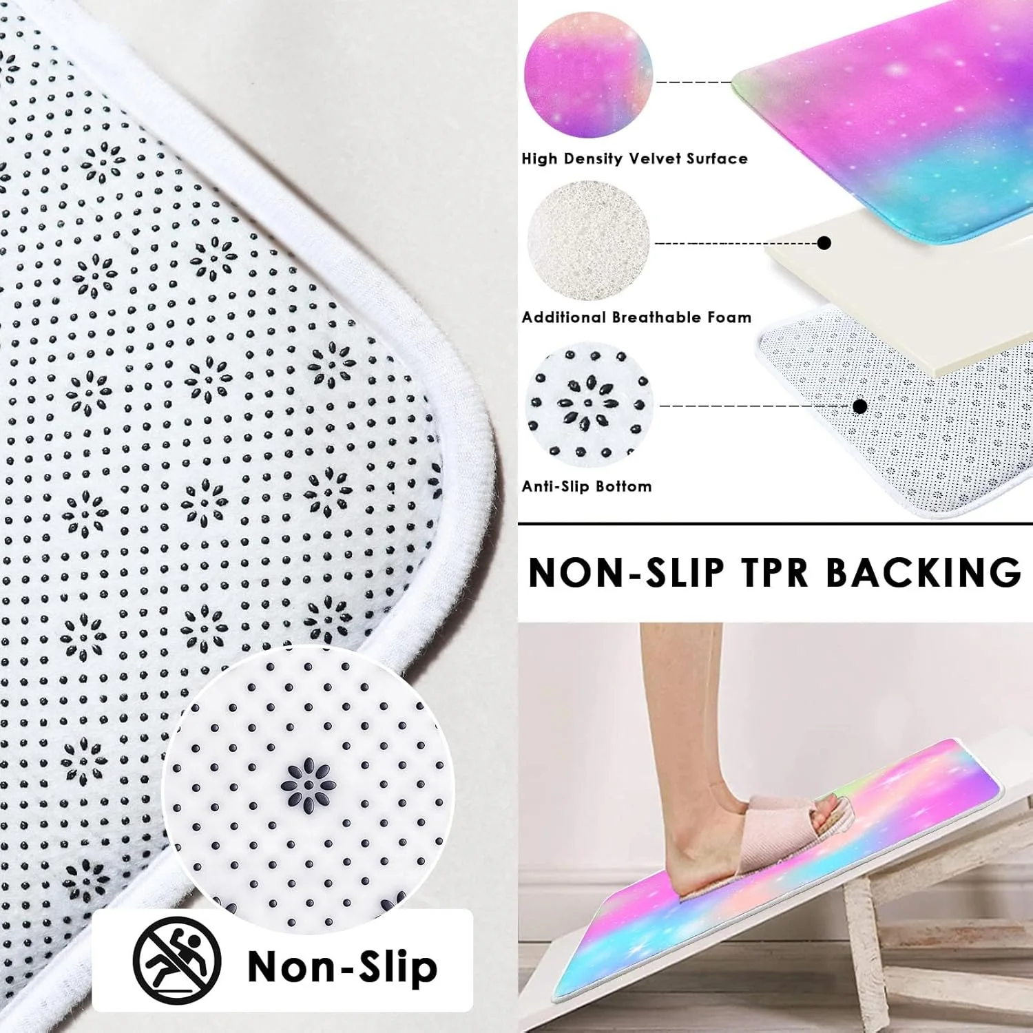 ست لوازم حمام رنگین کمانی تک شاخ شامل پرده حمام و فرش، ست پرده حمام آبرنگی پرنسس کهکشان، پرده حمام فانتزی رنگارنگ برای حمام، دکور حمام انتزاعی 4 تکه