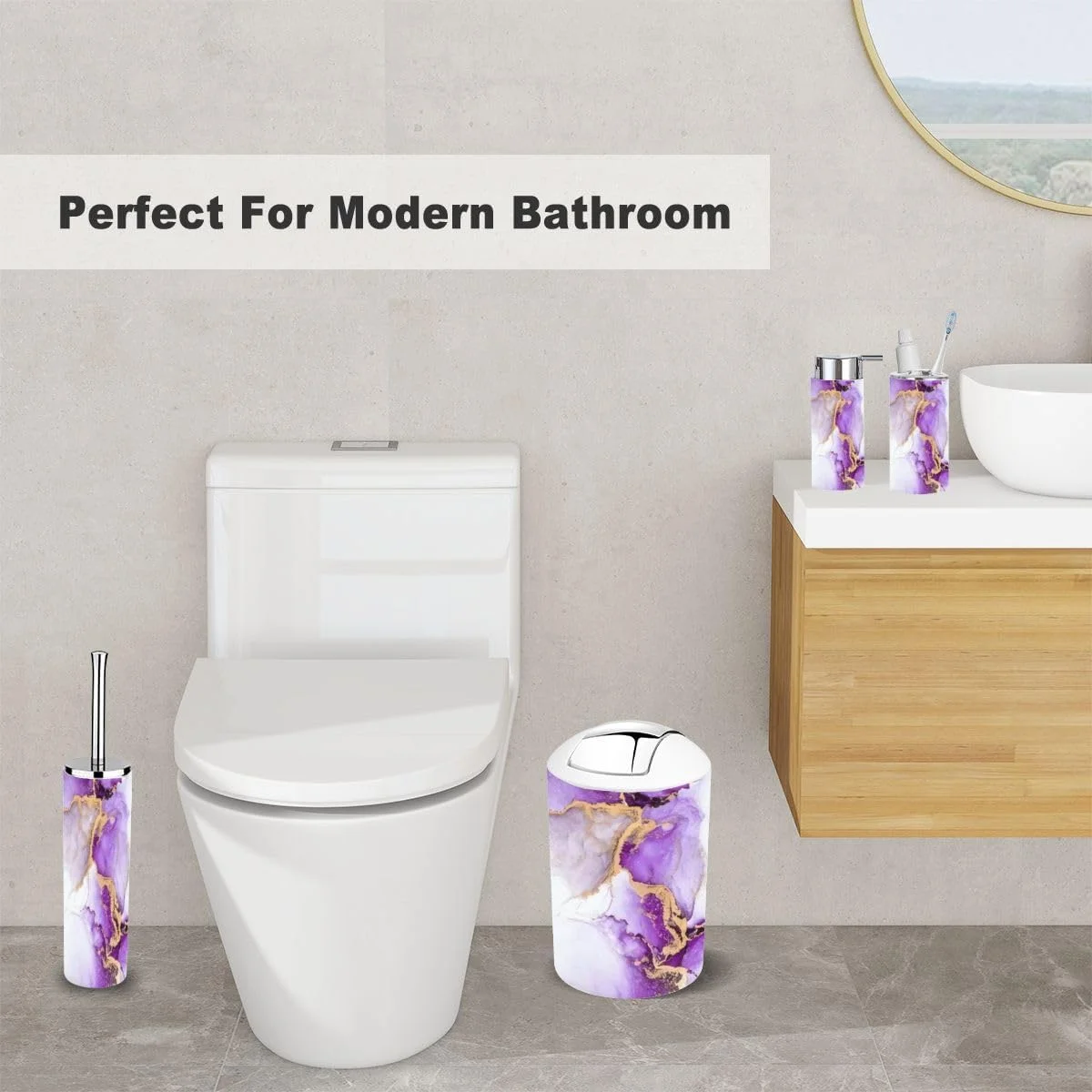 ست لوازم جانبی حمام 6 تکه طرح مرمر انتزاعی طلایی بنفش، شامل جا مسواکی، لیوان مسواک، جا مایع صابون، جا صابونی، جا برس توالت و سطل زباله ست لوازم جانبی حمام 6 تکه طرح مرمر انتزاعی طلایی بنفش، شامل جا مسواکی، لیوان مسواک، جا مایع صابون، جا صابونی، جا برس توالت و سطل زباله