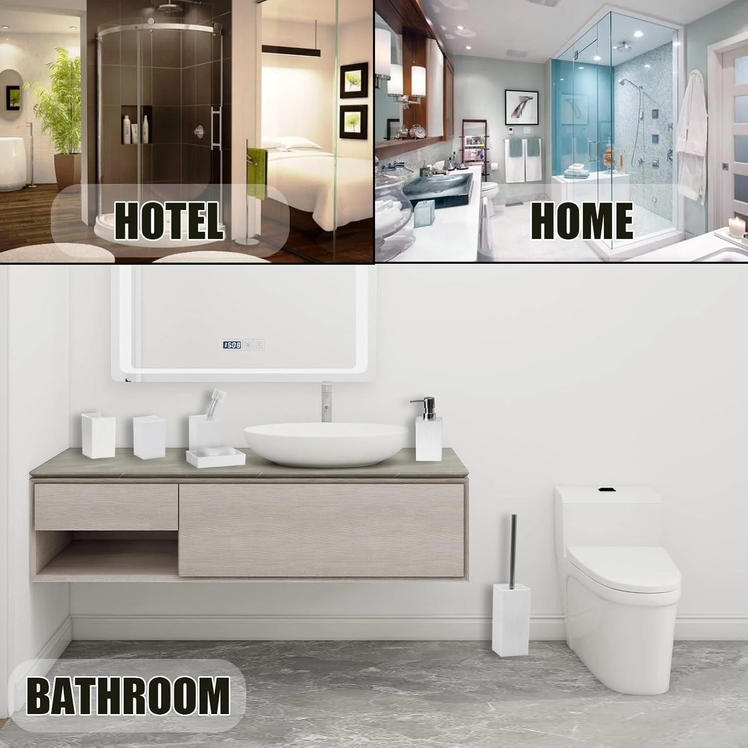 ست لوازم جانبی حمام - ست لوازم جانبی حمام 6 تکه سفید شامل جای مایع صابون، جا مسواکی و لیوان، جا صابونی، برس توالت و جا برس، جا گوش پاک کن ست لوازم جانبی حمام - ست لوازم جانبی حمام 6 تکه سفید شامل جای مایع صابون، جا مسواکی و لیوان، جا صابونی، برس توالت و جا برس، جا گوش پاک کن