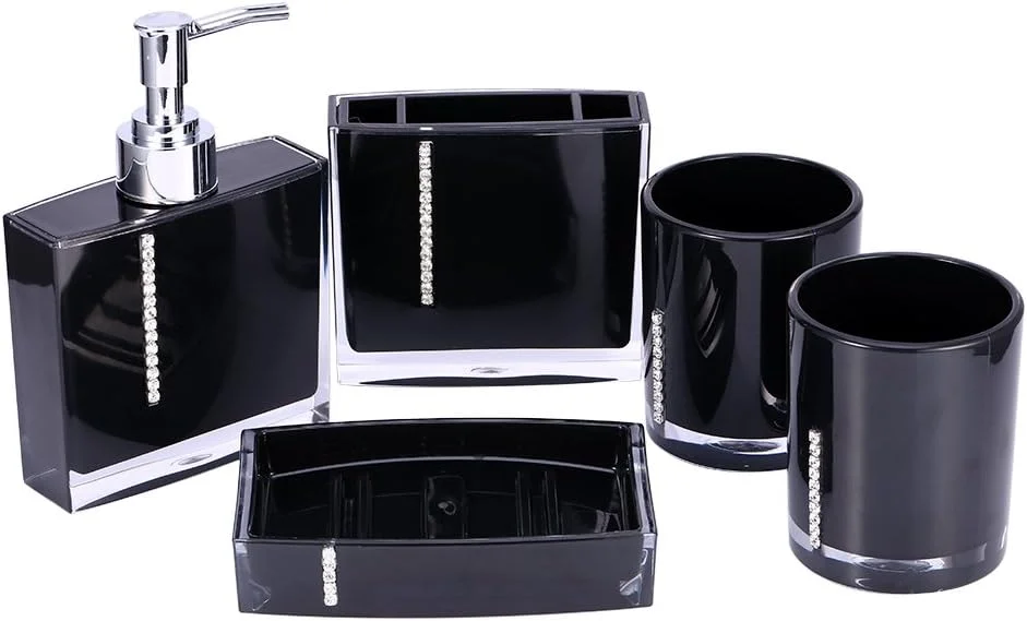 ست لوازم جانبی حمام آکریلیک 5 تکه، لوازم جانبی حمام پلاستیکی مشکی شامل جا مایع صابون/جا مسواکی/لیوان/جای صابون