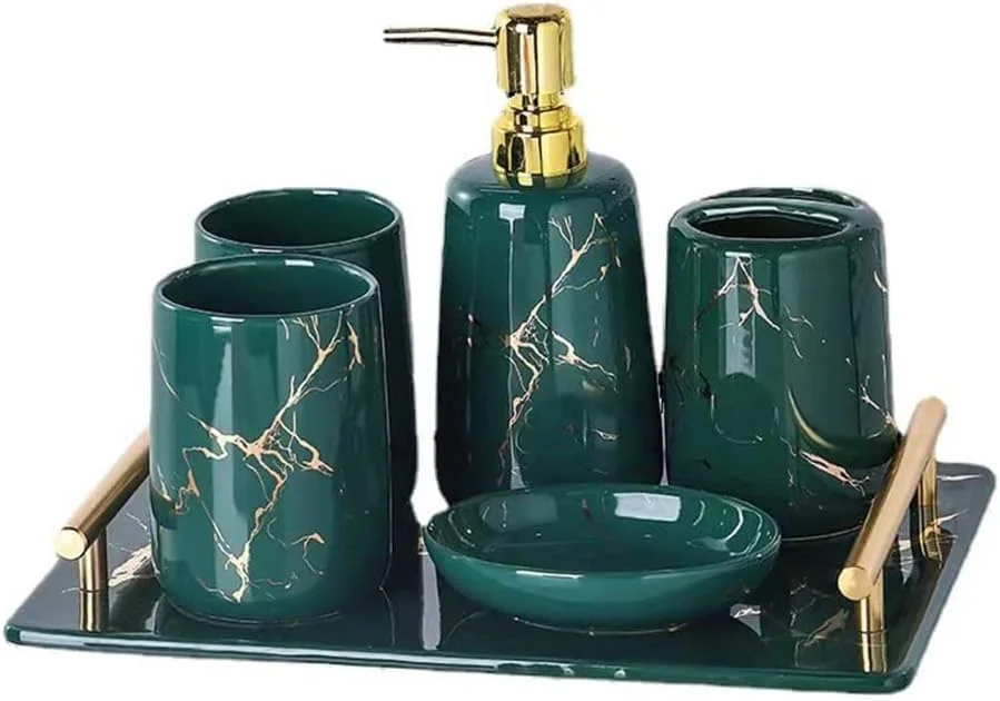 ست لوازم جانبی حمام با دکور سرامیکی، ست لوازم جانبی حمام با طرح مرمر، شامل پمپ پخش کننده صابون، جا مسواکی تقسیم شده، 2 لیوان، جای صابون و سینی، 6 تکه (رنگ: سبز) ست لوازم جانبی حمام با دکور سرامیکی، ست لوازم جانبی حمام با طرح مرمر، شامل پمپ پخش کننده صابون، جا مسواکی تقسیم شده، 2 لیوان، جای صابون و سینی، 6 تکه (رنگ: سبز)