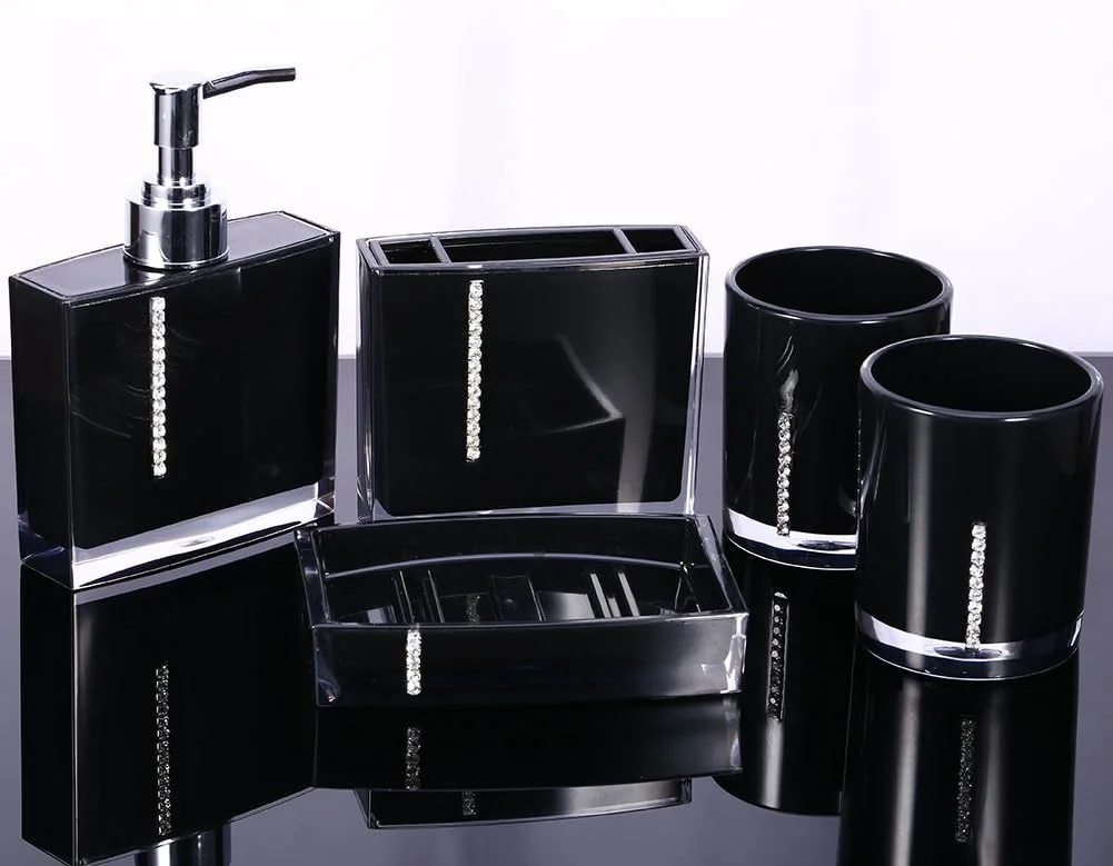 ست لوازم جانبی حمام آکریلیک 5 تکه، لوازم جانبی حمام پلاستیکی مشکی شامل جا مایع صابون/جا مسواکی/لیوان/جای صابون