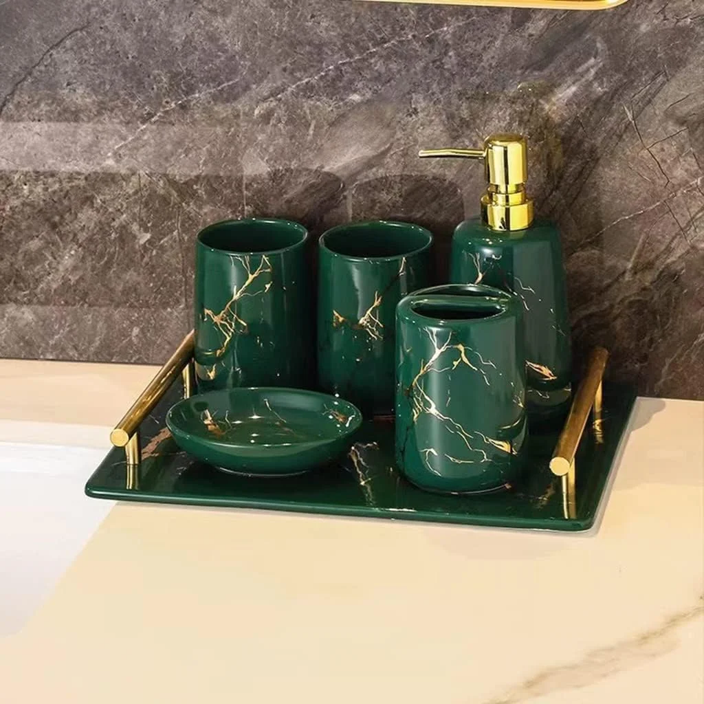 ست لوازم جانبی حمام با دکور سرامیکی، ست لوازم جانبی حمام با طرح مرمر، شامل پمپ پخش کننده صابون، جا مسواکی تقسیم شده، 2 لیوان، جای صابون و سینی، 6 تکه (رنگ: سبز) ست لوازم جانبی حمام با دکور سرامیکی، ست لوازم جانبی حمام با طرح مرمر، شامل پمپ پخش کننده صابون، جا مسواکی تقسیم شده، 2 لیوان، جای صابون و سینی، 6 تکه (رنگ: سبز)