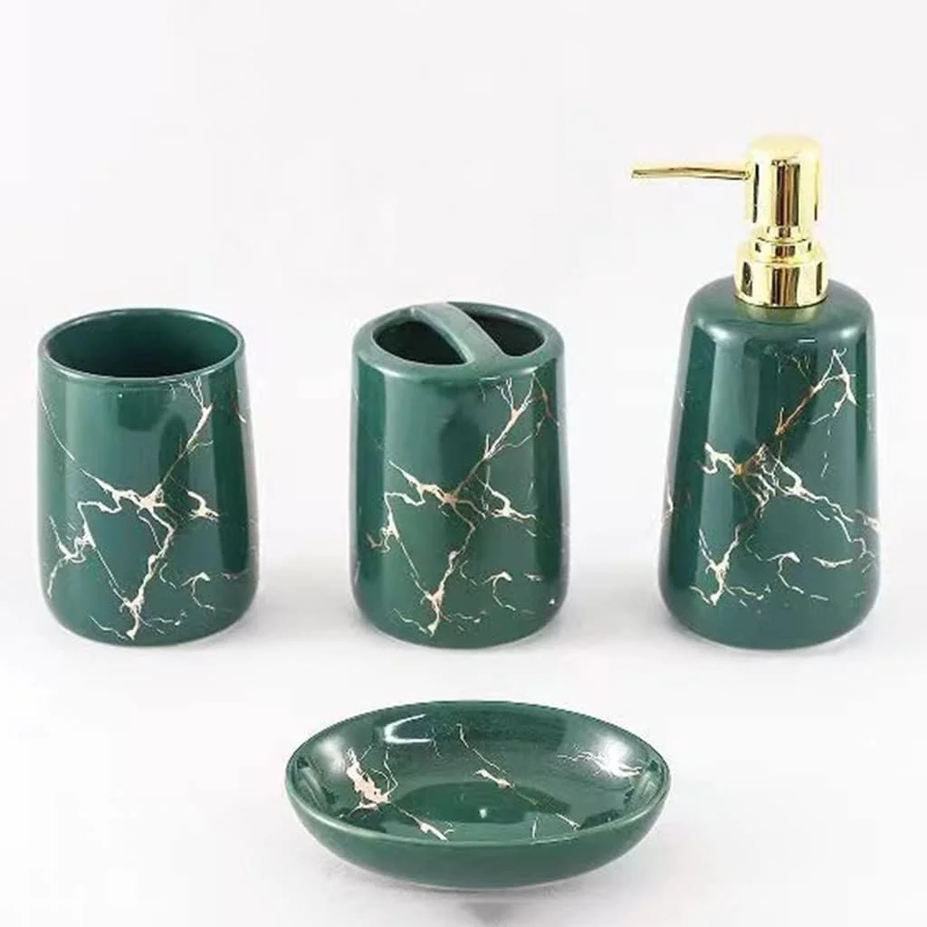 ست لوازم جانبی حمام با دکور سرامیکی، ست لوازم جانبی حمام با طرح مرمر، شامل پمپ پخش کننده صابون، جا مسواکی تقسیم شده، 2 لیوان، جای صابون و سینی، 6 تکه (رنگ: سبز) ست لوازم جانبی حمام با دکور سرامیکی، ست لوازم جانبی حمام با طرح مرمر، شامل پمپ پخش کننده صابون، جا مسواکی تقسیم شده، 2 لیوان، جای صابون و سینی، 6 تکه (رنگ: سبز)