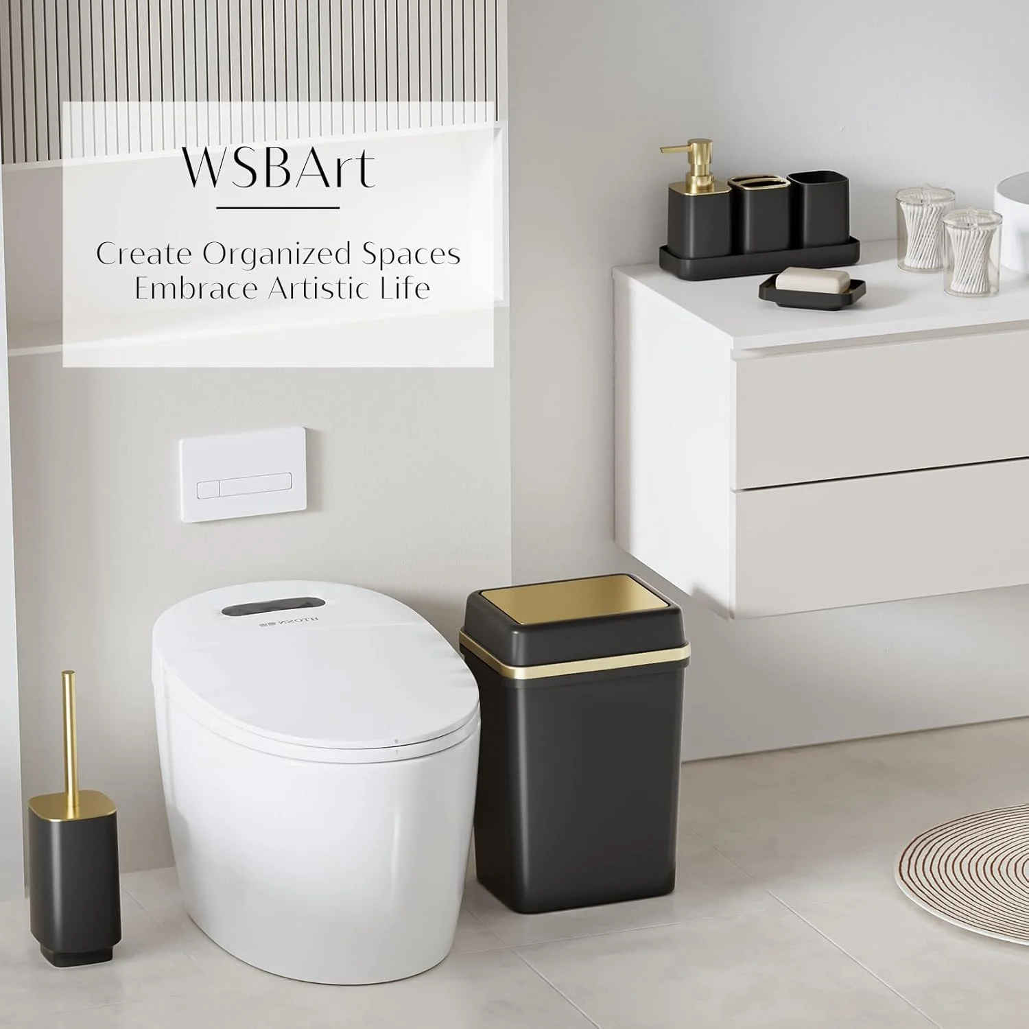 ست لوازم جانبی حمام 9 تکه، ست حمام مشکی، ست لوازم حمام کامل با سطل زباله، جا مسواکی، جا مایع صابون، برس توالت، دکور حمام