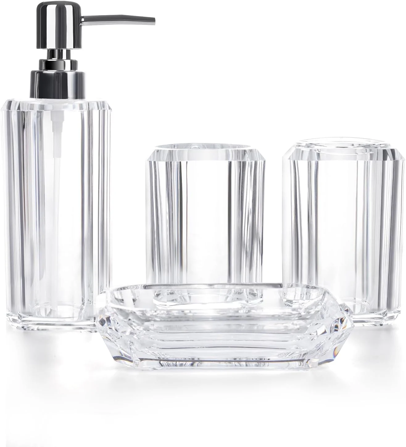 ست لوازم جانبی حمام، ست 4 تکه لوازم جانبی حمام اکریلیک شامل بطری ضدعفونی کننده دست، ظرف لوسیون، بطری جداگانه، جای صابون، لیوان مسواک (شفاف)