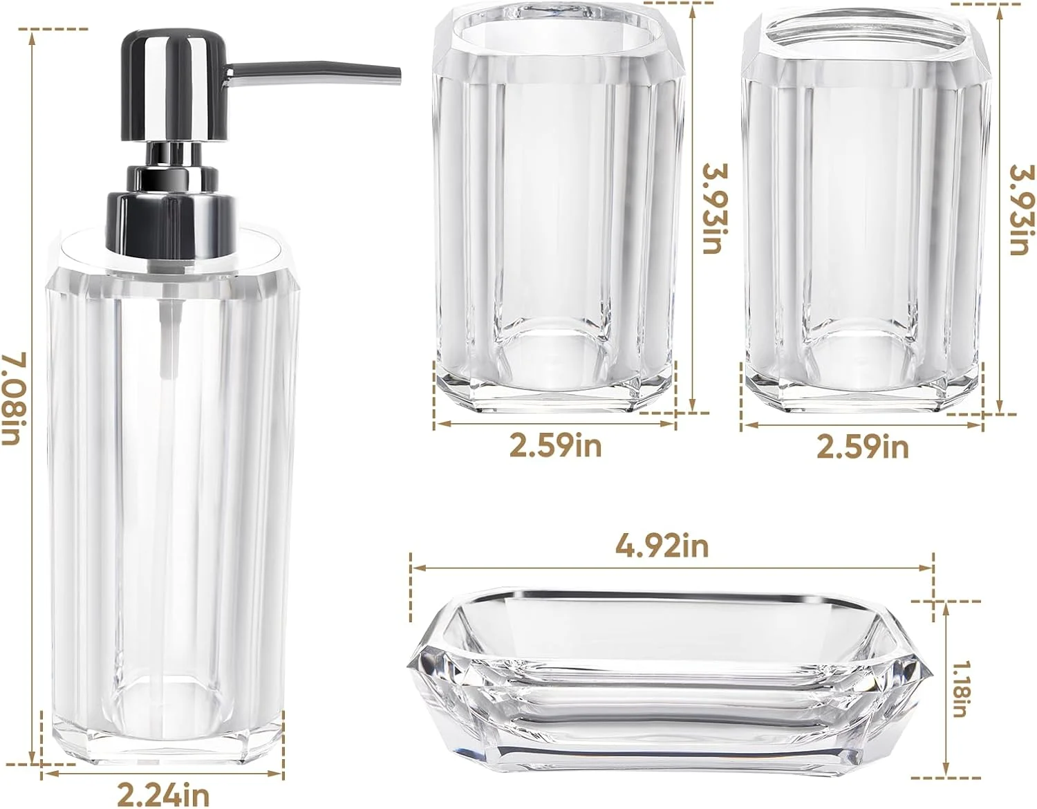 ست لوازم جانبی حمام، ست 4 تکه لوازم جانبی حمام اکریلیک شامل بطری ضدعفونی کننده دست، ظرف لوسیون، بطری جداگانه، جای صابون، لیوان مسواک (شفاف)